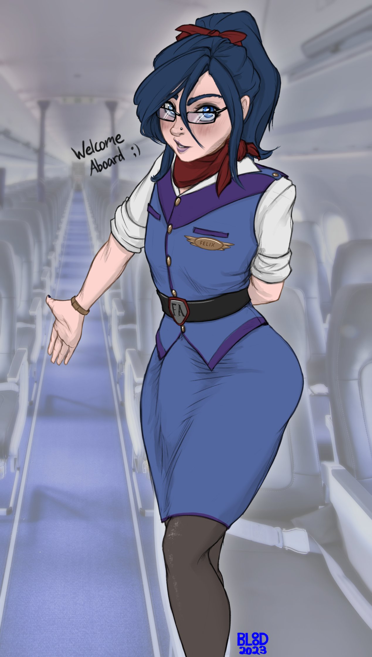 1boy airplane arm_behind_back belt big_penis black_pantyhose blue_eyes blue_hair blue_skirt bluebl8d bulge bulge_through_clothing buttons clothed clothing crossdressing dialogue femboy flight_attendant fully_clothed girly glasses hair_ribbon human human_only hung_trap long_hair long_penis male pantyhose penis penis_bulge penis_under_clothes penis_under_skirt ponytail scarf shirt skirt suit