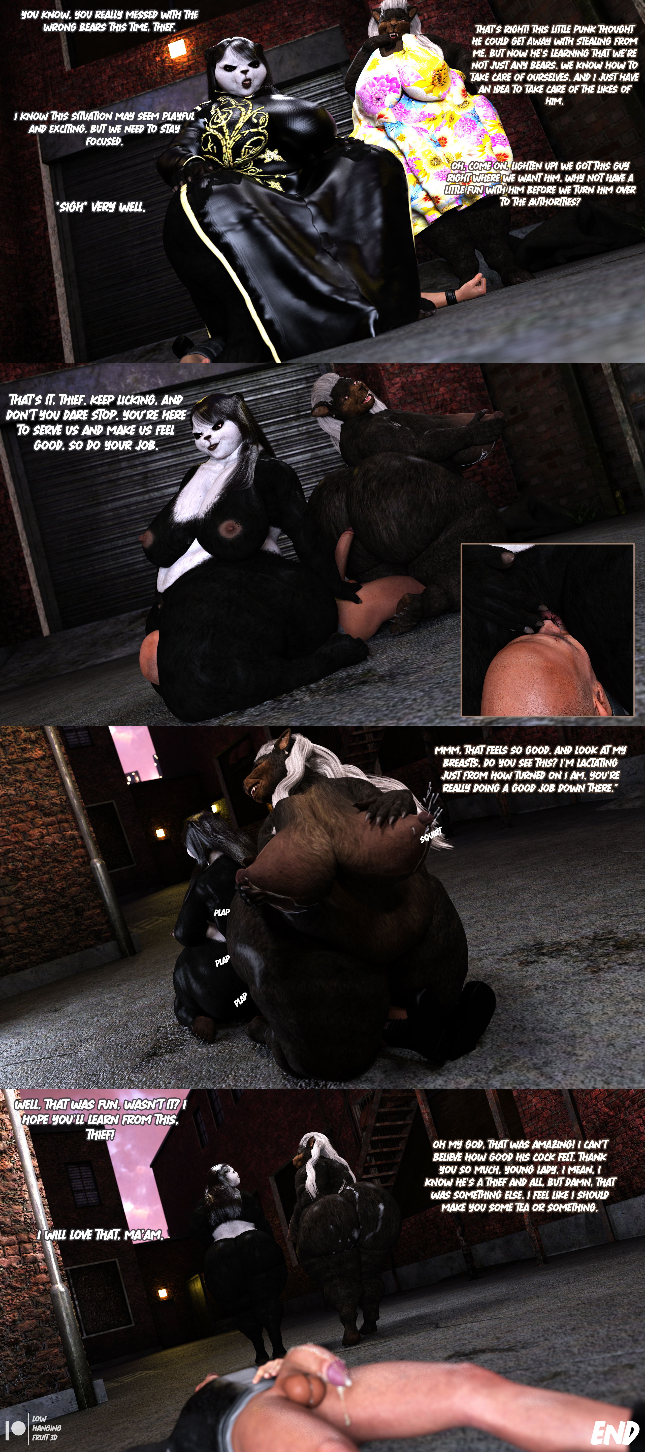 3d, after sex, angry, bbw, bear, big breasts, black hair, breasts, chubby, chubby female, comic, comic page, daz studio, daz3d, dialogue, dress, faceless male, facesitting, feet, female, female domination, femdom, furry, georgia woods (lhf3d), gilf, granny, grey hair, hand on breast, lactation, large breasts, lowhangingfruit3d (artist), male, male/female, mature female, mei ling (lhf3d), milk, nipples, obese, on top, original character, overweight, overweight female, panda, pussy, reverse rape, sex, thick legs, thick thighs, thighs, vagina, wide hips