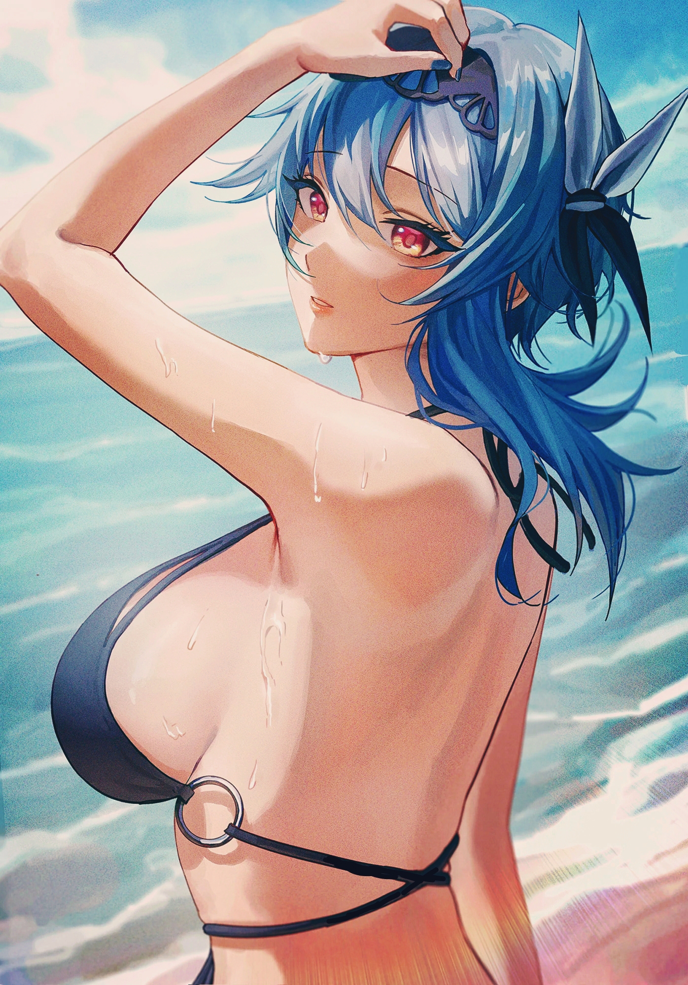1girls, arm above head, arms up, beach, big breasts, bikini, bikini top, black bikini, black bikini top, blue nails, blush, breasts, busty, cleavage, clouds, cozyu, curvaceous, cyan hair, eula (genshin impact), eyelashes, female, female focus, female only, genshin impact, headband, huge breasts, large breasts, light skin, light-skinned female, looking at viewer, looking back, medium hair, mihoyo, multicolored eyes, outdoors, sea, short hair, sky, solo, voluptuous, wet, wet body, wet skin