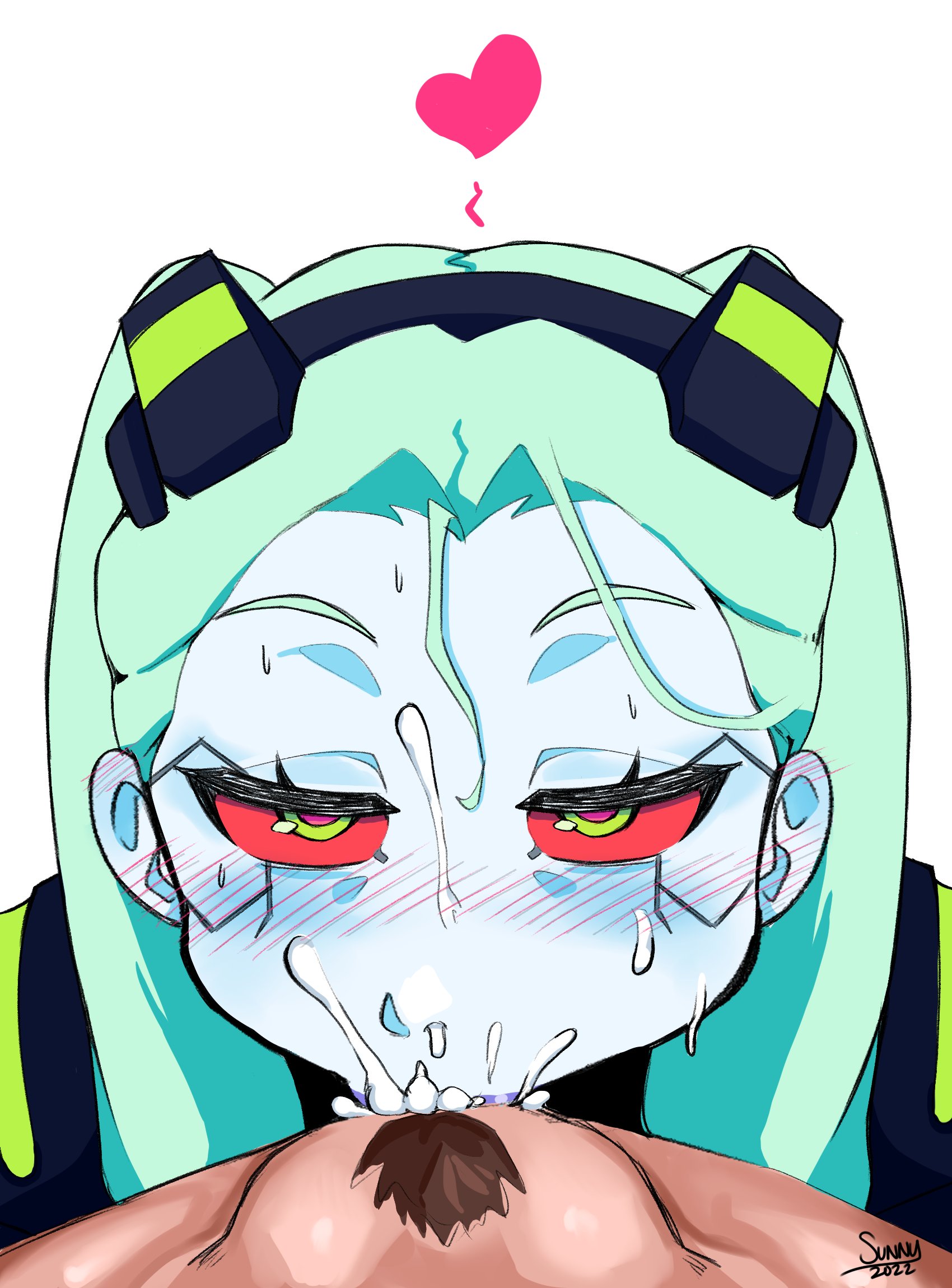 1girls, breasts, clothing, cum, cum in mouth, cyberpunk: edgerunners, david martinez (edgerunners), deepthroat, female, female focus, green eyes, human, jacket, light skin, light-skinned female, long hair, netflix, outerwear, pale skin, pubic hair, rebecca (edgerunners), red sclera, straight, sunnyslash, teal hair, twintails