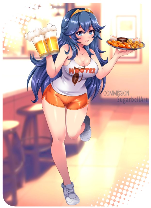 1girls alternate_costume bare_arms bare_legs bare_shoulders beer_mug blue_eyes blue_hair breasts cleavage commentary_request cup female female female_only fire_emblem fire_emblem_awakening full_body grin hands_up holding holding_cup hooters indoors large_breasts long_hair looking_at_viewer lucina_(fire_emblem) mug nintendo orange_shorts shoes short_shorts shorts smile sneakers solo standing standing_on_one_leg sugarbell tank_top thighs tiara tray very_long_hair waitress white_footwear white_tank_top