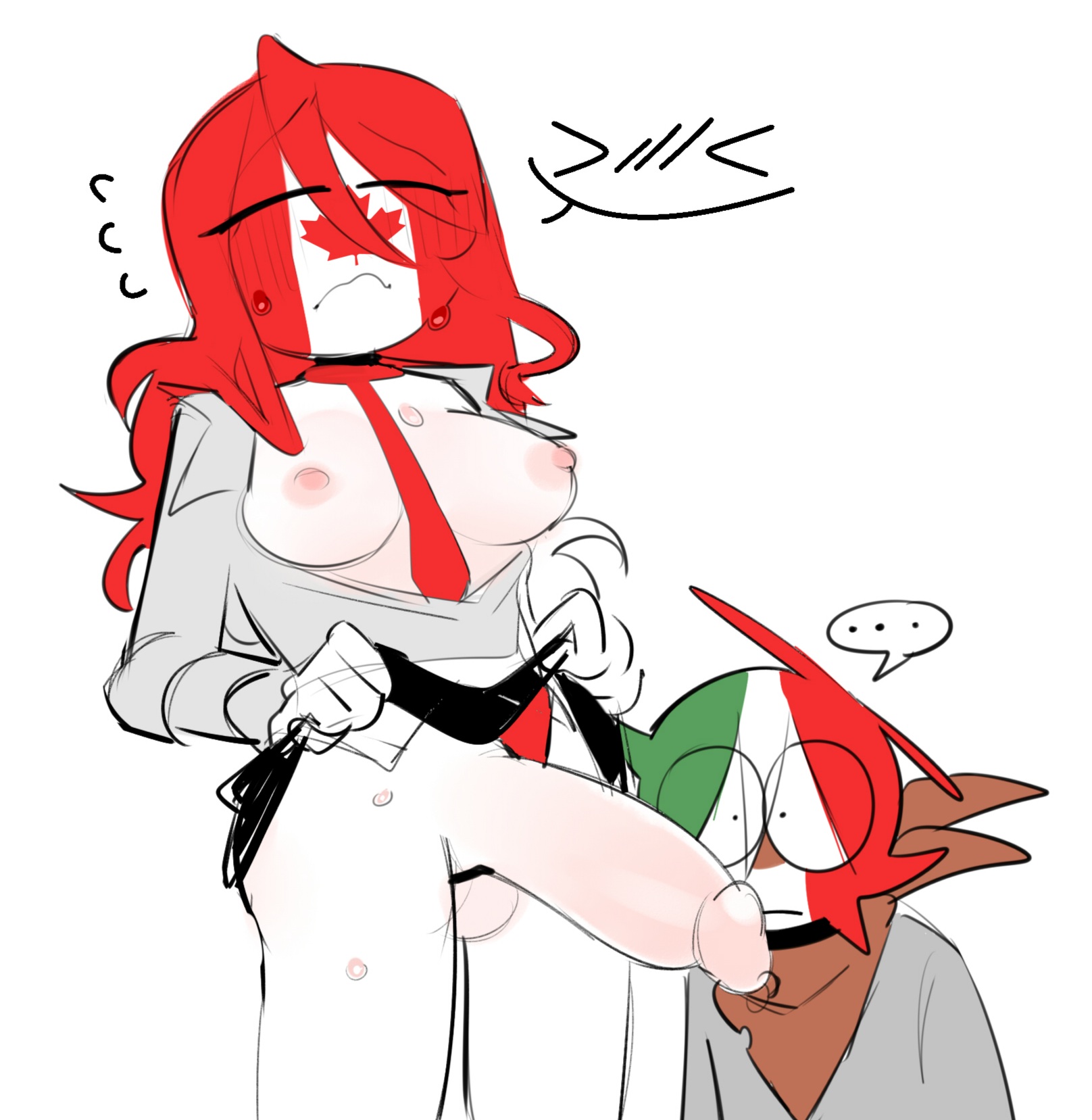 ..., 1boy, 1futa, ailewzol, balls, big penis, bottomless, breasts, canada (countryhumans), closed eyes, clothed, clothing, countryhumans, countryhumans girl, duo, duo focus, embarrassed, erection, exposed breasts, exposed penis, female, fully clothed, futanari, huge cock, humanoid, humanoid penis, intersex, long hair, male, mexico (countryhumans), nervous, nervous sweat, nipples, partially clothed, penis, penis awe, penis out, pink nipples, red hair, simple background, smooth penis, standing, sweat, sweatdrop, testicles, uncensored, white background, white body, white penis, white skin
