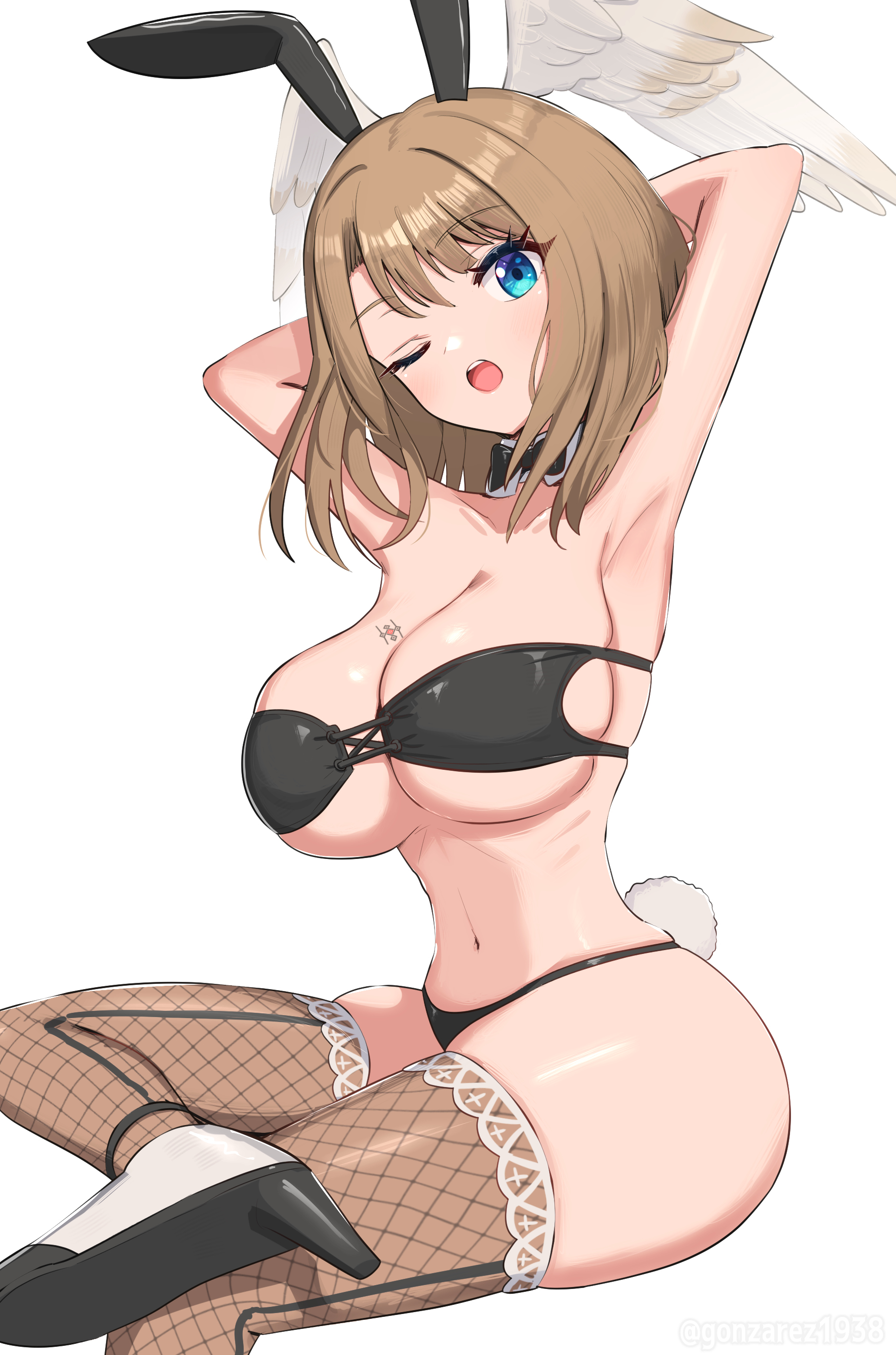 1girls, absurd res, armpits, arms behind head, arms up, ass, bikini, black bikini, black bra, black panties, blue eyes, bra, breast tattoo, breasts, brown hair, bunny ears, bunnysuit, busty, cleavage, curvy, eunie (xenoblade), female, female only, gonzarez, high heels, highres, lace-trimmed thighhighs, large breasts, looking at viewer, midriff, navel, nintendo, panties, partially clothed, simple background, stockings, tattoo, thick thighs, thighhighs, thighs, wings, wink, xenoblade (series), xenoblade chronicles 3