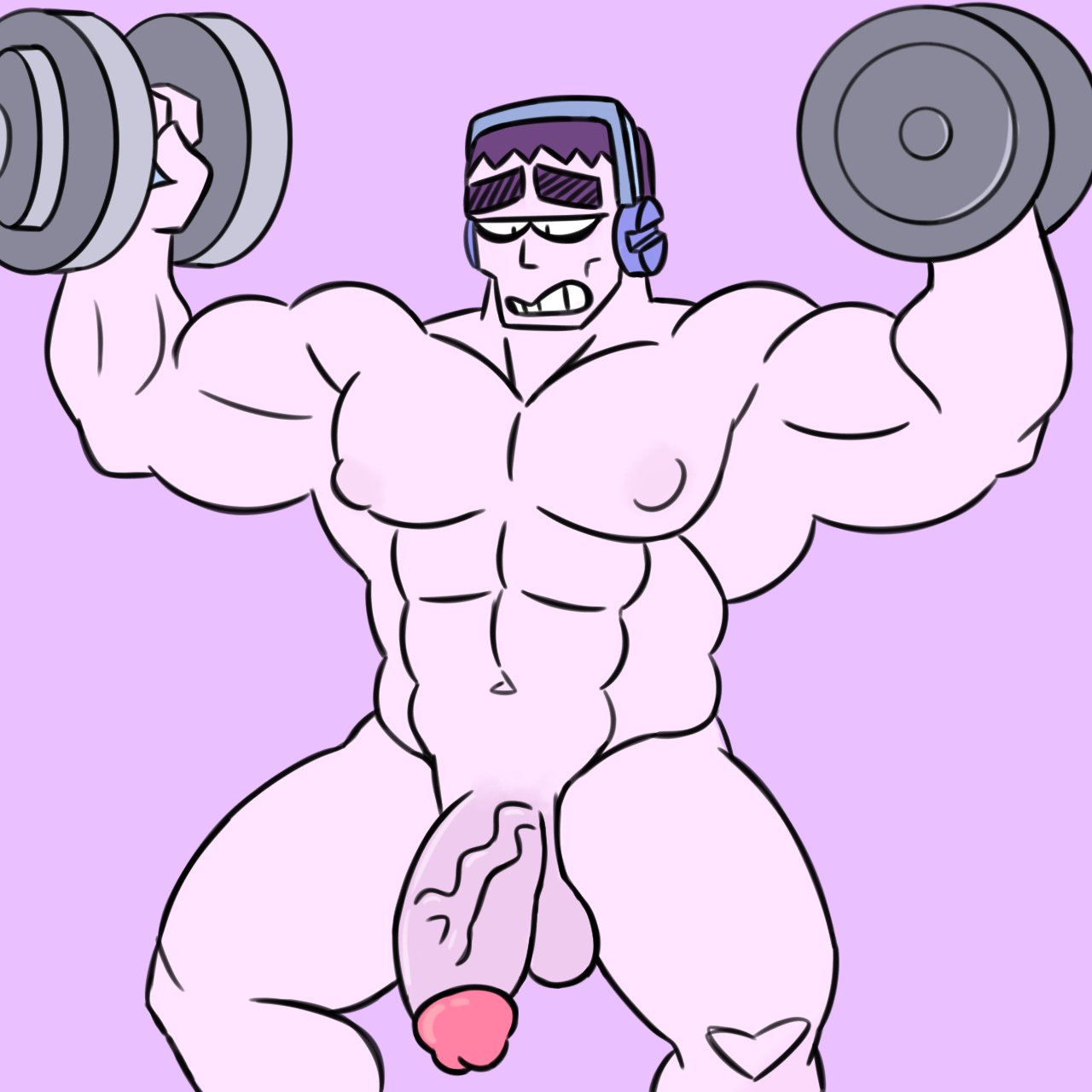 balls barbell brawl_stars frank_(brawl_stars) headphones male male_only muscular muscular_male penis purple_skin teosaurio3000