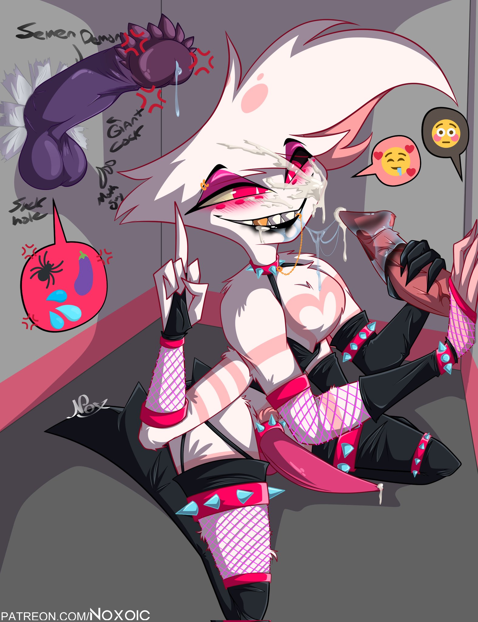3boys, angel dust (hazbin hotel), arachnid, balls, big penis, cum, ejaculation, erection, facial, gay, glory hole, hazbin hotel, husk (hazbin hotel), makeup, male, male only, middle finger, noxoic, penis, precum, saliva, sharp teeth, smile, spider, stuck, valentino (hazbin hotel), yaoi