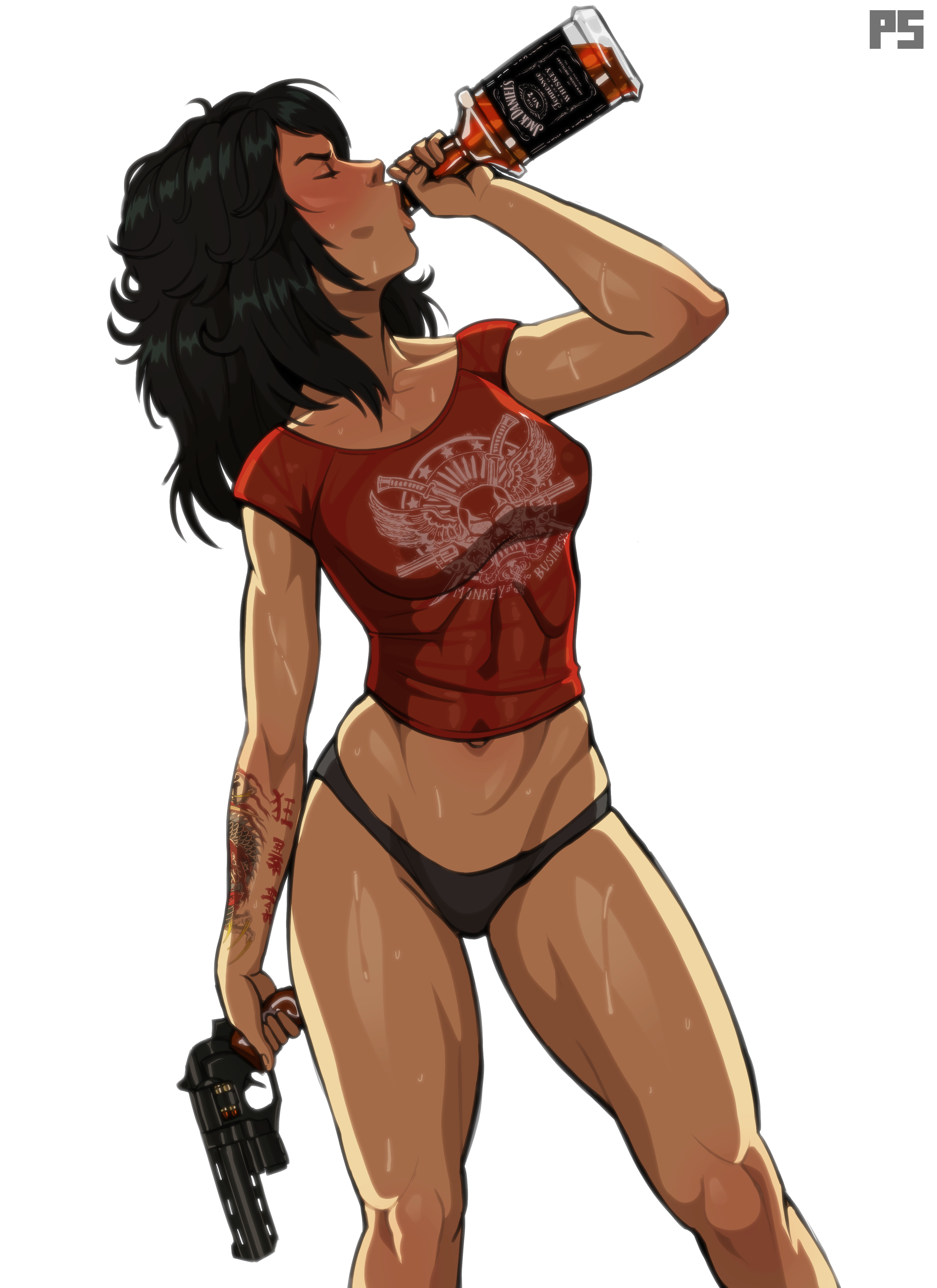 :>=, 1girls, 2023, 2d, 2d (artwork), absurd res, alcohol, artist logo, artist signature, black hair, black panties, blush, closed eyes, clothing, drinking, drunk, female, female only, female protagonist, firearm, fit, fit female, gun, handgun, human, human only, long hair, medium hair, midriff, navel, no pants, pale skin, panties, pumpkinsinclair, questionable, realistic proportions, revolver, rubi malone, solo, solo female, sweat, t-shirt, tattoo, tattoo on arm, weapon, wet (game), whiskey, white background