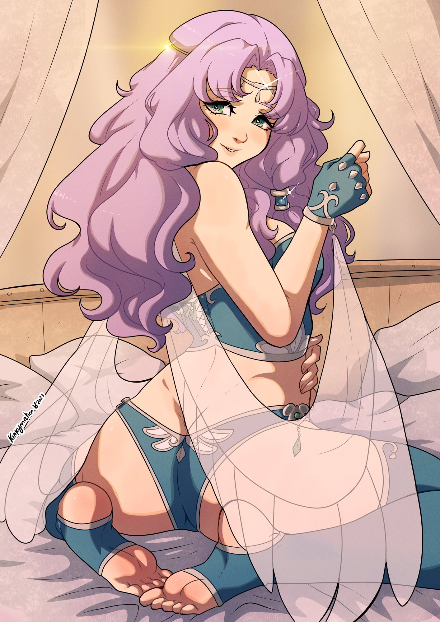 1girls, alternate costume, ass, ass crack, bed, blush, bra, butt crack, circlet, corset, dancer, female, female only, fingerless gloves, fire emblem, fire emblem: the blazing blade, florina (fire emblem), from behind, gloves, green eyes, green thighhighs, heart-shaped pupils, hi res, highres, kinkymation, kneeling, kneeling on bed, legwear, long hair, looking at viewer, looking back, nintendo, on bed, panties, parted bangs, parted lips, pillow, purple hair, sitting, smile, smiling, smiling at viewer, soles, solo, stirrup legwear, thighhighs, toeless legwear, underwear, veil, wariza