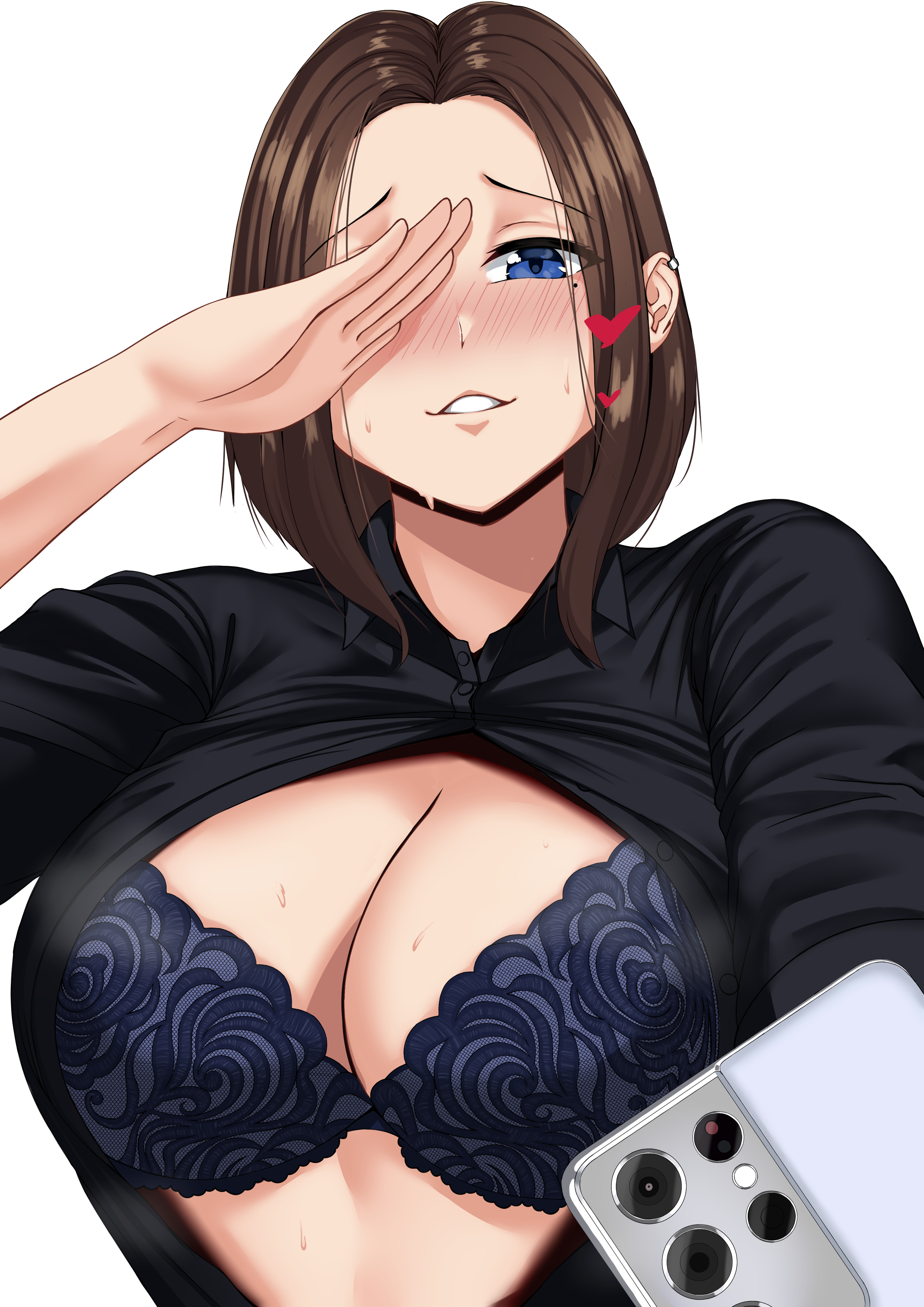 1girls, big breasts, black shirt, blue bra, blue eyes, blush, bra, breast focus, breasts, brown hair, cleavage, female, female only, hair, huge breasts, lace, lace trim, lace-trimmed bra, mole, mole under eye, one eye obstructed, open shirt, phone, samsung, samsung sam, selfie, shirt, solo, solo female, spoken heart, sweat, sweatdrop, topwear, warden (jadol 9)