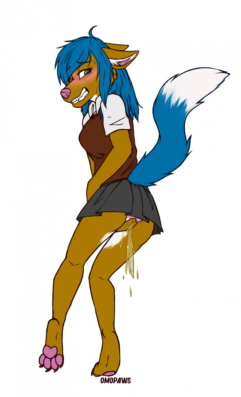 anthro blush blush_lines bodily_fluids canid canine canis desperation female fox genital_fluids grimace hi_res hybrid mammal omopaws omorashi peeing potty_dance solo solo_focus urine watersports wetting wolf