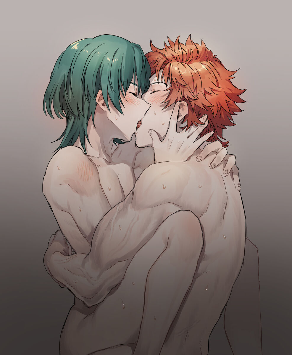 byleth_(fire_emblem) byleth_(fire_emblem)_(male) feminine fire_emblem fire_emblem:_three_houses gay green_hair kissing male_only nintendo no_visible_genitalia nonesabu nude nude_male petite slim sylvain_jose_gautier yaoi