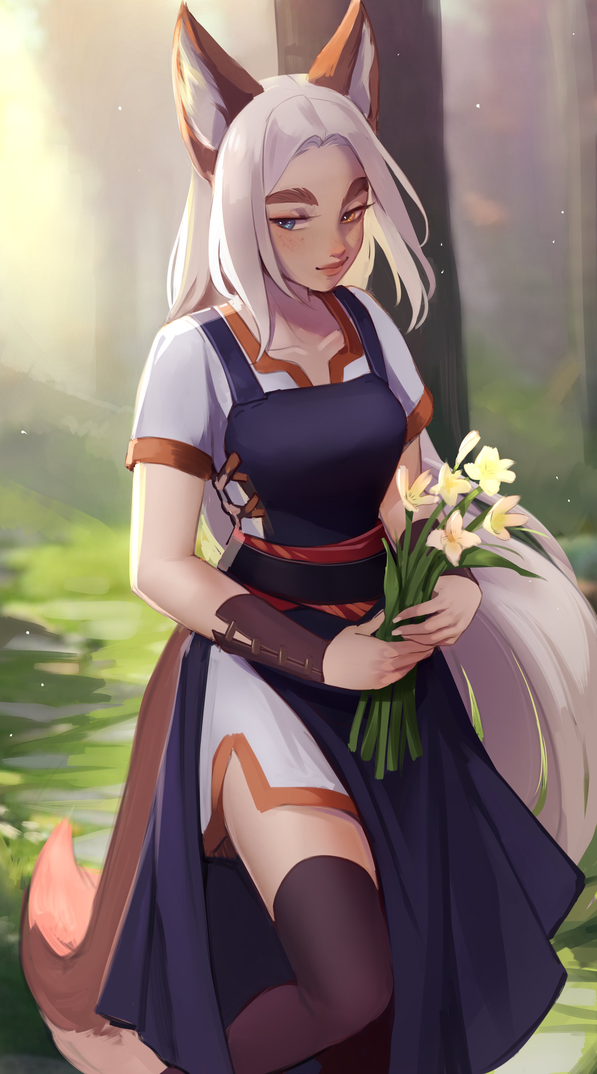 1girls, absurd res, blue eyes, brown eyebrows, clothing, detailed background, female, female only, flowers, fox ears, fox girl, fox tail, heterochromia, kemonomimi, long hair, looking at viewer, losse (personalami), maewix1, narrowed eyes, orange eyes, smiling, smiling at viewer, solo, tail, thick eyebrows, thighhighs, white hair