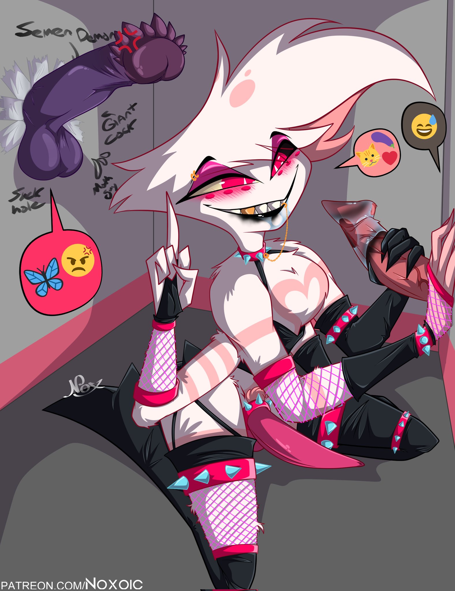 3boys, angel dust (hazbin hotel), arachnid, balls, big penis, erection, gay, glory hole, hazbin hotel, husk (hazbin hotel), makeup, male, male only, middle finger, noxoic, penis, sharp teeth, smile, spider, stuck, valentino (hazbin hotel), yaoi