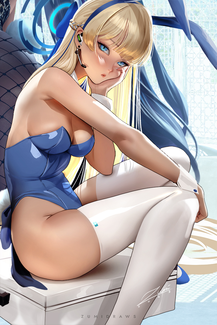 blonde hair, blue archive, blue eyes, breasts, bunny ears, bunnysuit, female, headset, medium breasts, petite, sitting, stockings, toki (blue archive), toki (bunny) (blue archive), young, zumi