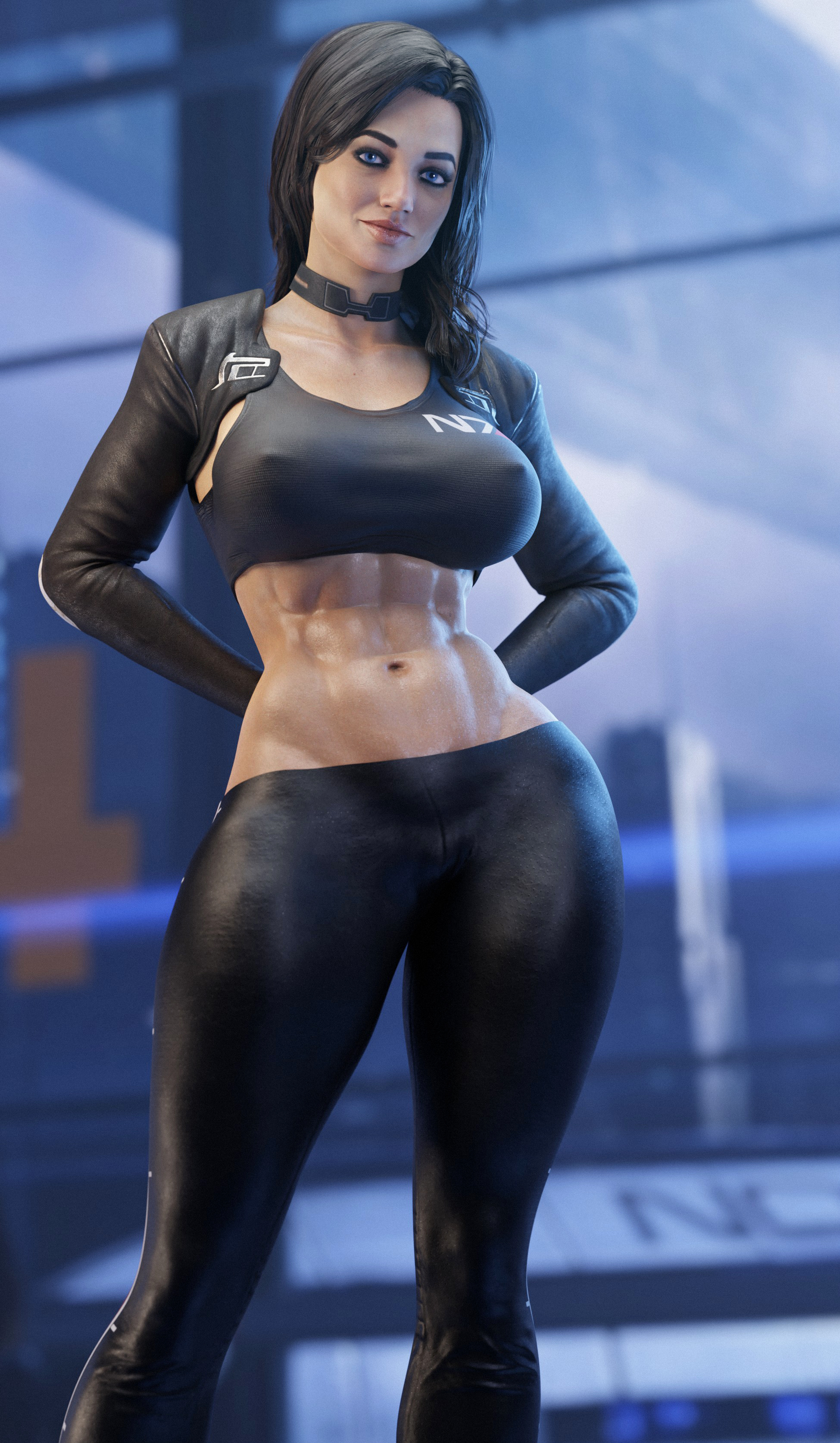 1girls, 3d, 3d (artwork), abs, batesz, big breasts, bioware, black hair, blue eyes, breasts, clothed, curvaceous, curvy, curvy female, curvy figure, dark hair, digital media (artwork), electronic arts, female, female only, fit, fit female, hourglass figure, huge breasts, human, large breasts, leggings, light skin, light-skinned female, mass effect, mass effect 2, mass effect 3, miranda lawson, slim waist, solo, sports bra, waist, wide hips