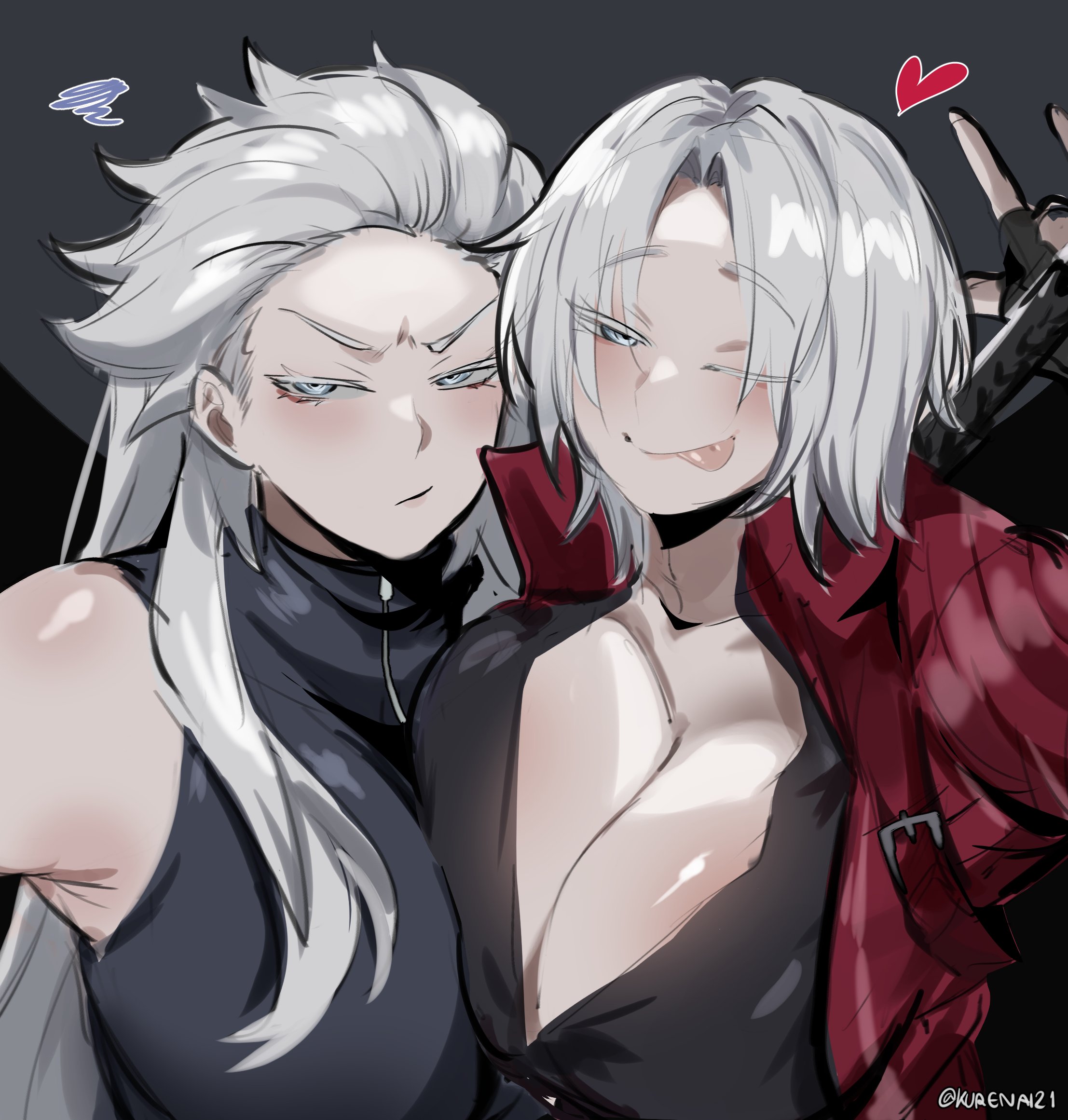 2d, 2girls, annoyed, asymmetrical docking, big breasts, blush, breasts, cleavage, dante (devil may cry), devil may cry, devil may cry (series), female, female only, genderswap, genderswap (mtf), heart symbol, hearts, huge breasts, kurenaiz1, rule 63, sisters, tongue, tongue out, vergil (devil may cry), white hair