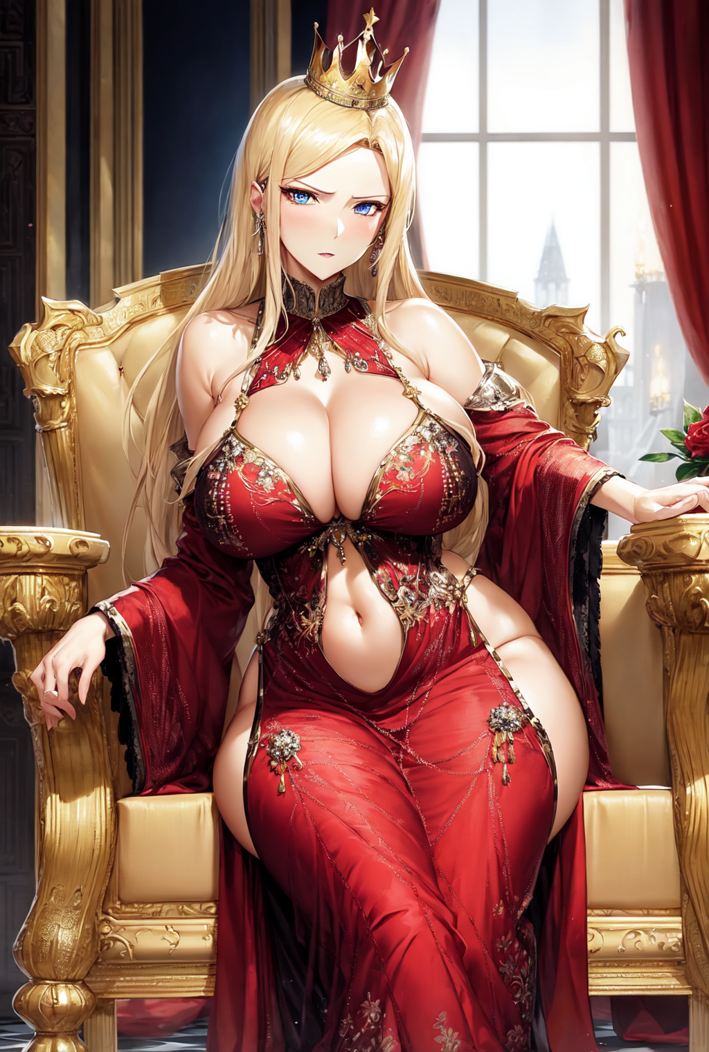 1girls 2023 ai_generated ai_hands anime_nose attack_on_titan bangs big_breasts blonde_hair blue_eyes breasts_bigger_than_head cleavage clothed_female crown curvy_body curvy_figure disappointed disapproval earrings female_focus frowning furrowed_brow gold_jewelry gold_trim hair_between_eyes historia_reiss hourglass_figure huge_breasts jewelry large_breasts long_hair mature mature_female milf navel necklace princess queen red_dress royalty scowl sitting sitting_on_throne solo_female solo_focus stable_diffusion thick_thighs throne voluptuous_female wide_hips