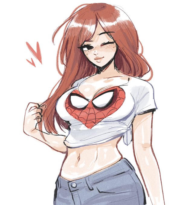 1girls, female, female focus, female only, freckles, fully clothed, ginger, ginger hair, heart, marvel, marvel comics, mary jane watson, megrocks, red hair, smile, solo, spider-man (series), wink, winking at viewer