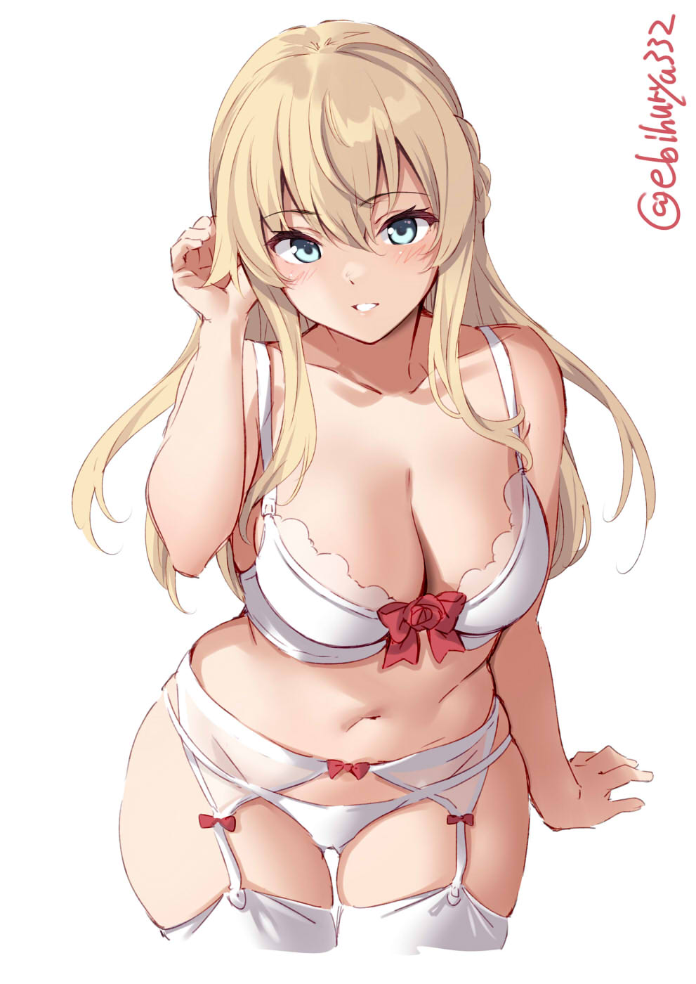 1girls artist_signature big_breasts blonde_hair blue_eyes blush bra braided_hair breasts ebifurya garter_belt garter_straps kantai_collection lingerie long_hair looking_at_viewer navel pale-skinned_female pale_skin panties seductive_look seductive_smile smile solo solo_female solo_focus thick_thighs warspite_(kantai_collection) white_bra white_garter_belt white_garter_straps white_lingerie white_panties white_thighhighs wide_hips