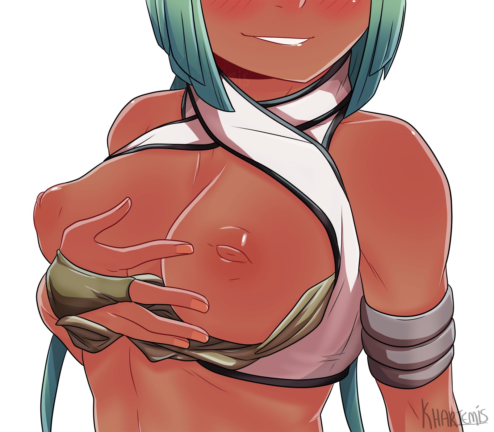 1girls, areolae, big breasts, blush, breasts, emerald sustrai, exposed breasts, female, female only, flashing, green hair, khartemis, nipples, rwby, simple background, smile, solo, tagme, white background