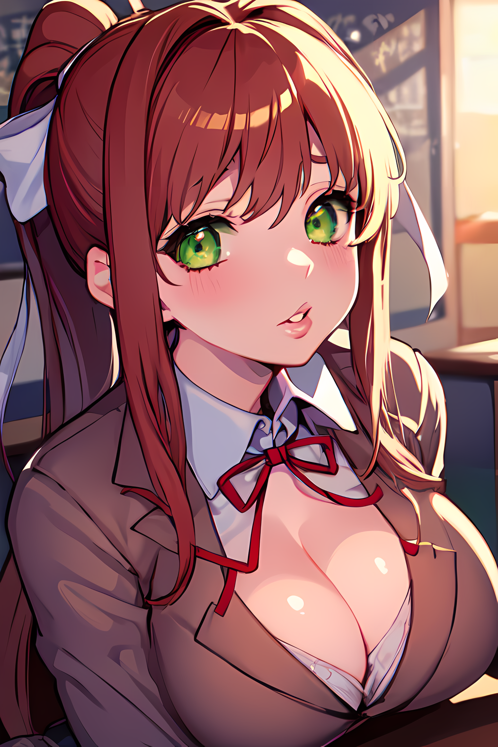 ai generated, big breasts, blush, breasts, brown hair, cleavage, doki doki literature club, female, female only, green eyes, hair ribbon, long hair, monika (doki doki literature club), plump lips, ponytail, solo female, suicidespit