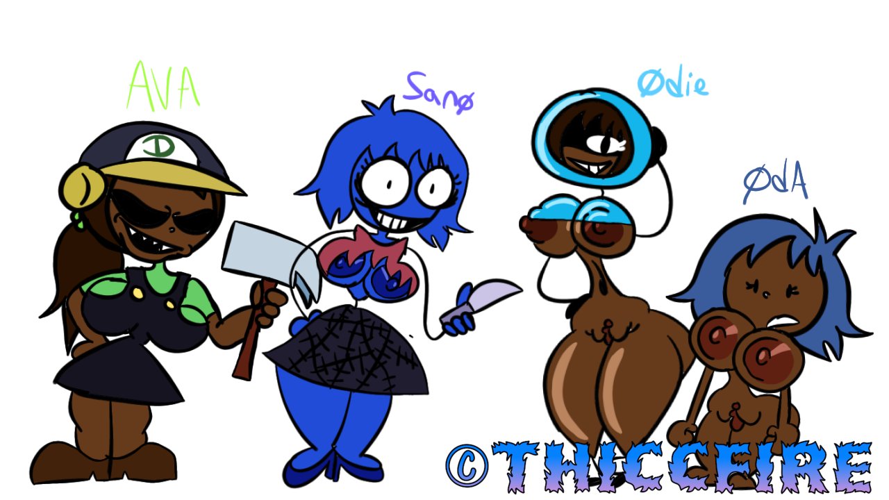 4girls ava_(thiccfiredmc) belly_button breasts character_names female_only females multiple_girls nipples oda_(thiccfiredmc) odie_(thiccfiredmc) pussy sano_(thiccfiredmc) shaded tagme thiccfiredmc thick_thighs watermark