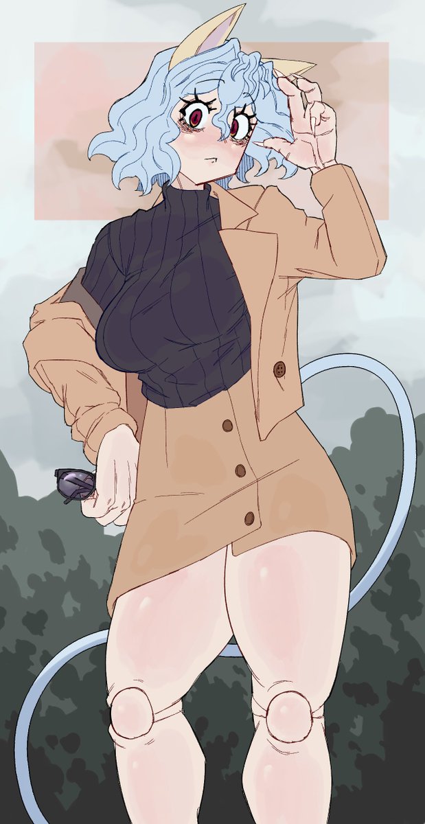1girls, animal ears, big breasts, breasts, cat ears, cat girl, cat tail, chimera ant, fakkufakkufakku, female, female only, hand on hip, humanoid, hunter x hunter, light skin, light-skinned female, neferpitou, non-nude, pale skin, pale-skinned female, red eyes, short hair, shounen jump, solo, sunglasses, sweater, tagme, villainess, white hair