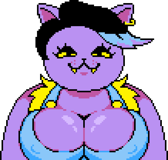 :3 anthro bedroom_eyes black_and_blue_hair breasts catty_(undertale) cleavage clothing feline female nipple_bulge smiling_at_viewer solo sprite_art sprite_edit transparent_background undertale undertale_(series)