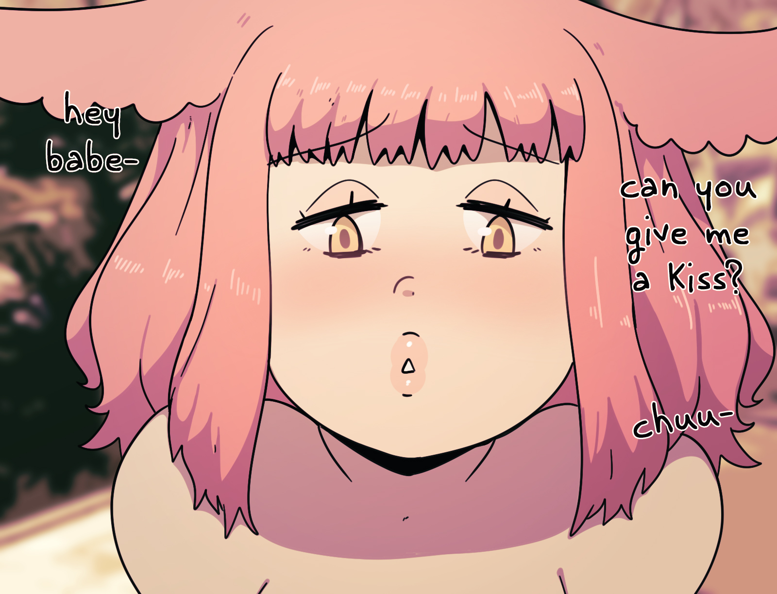 1girls, bangs, bunny ears, bunny girl, dialogue, english text, female, female only, hasselnut, hi res, light skin, light-skinned female, looking at viewer, medium hair, narrowed eyes, pink hair, solo, sunny (wolfgang bang), talking to viewer, wolfgang bang, yellow eyes