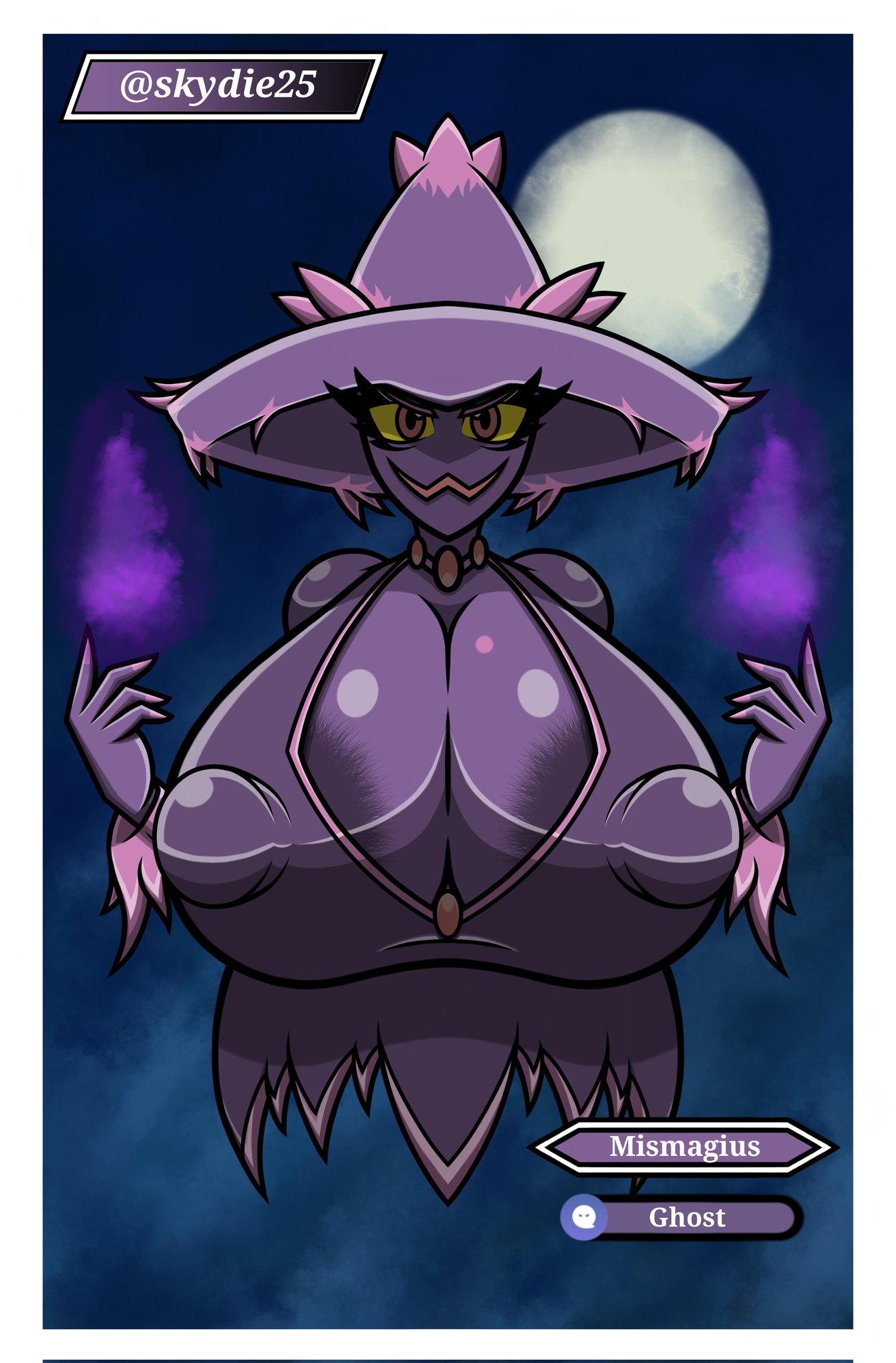 big_breasts big_eyelashes big_hat big_nipples breasts eyelashes ghost hat mismagius necklace nipples no_legs open_mouth pokemon pokemon_(species) purple_skin shoulders valerya5 yellow_eyes