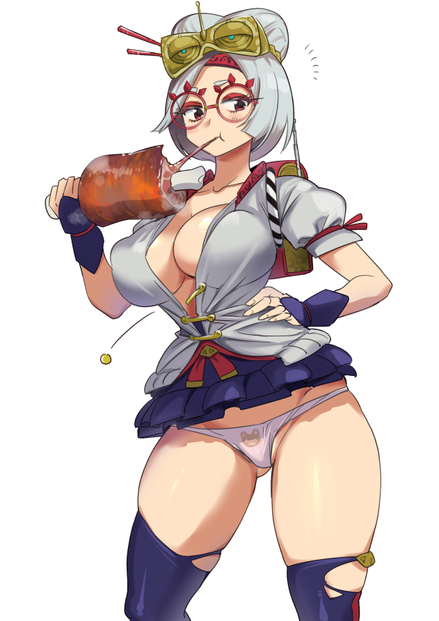 1girls 2023 aged_up ass_visible_through_thighs backpack bag bear_panties blush breasts cleavage clothing cute_panties eating female female_only fingerless_gloves food frilled_skirt frills glasses gloves hair_ornament holding_food jewelry large_breasts meat monbetsu_kuniharu nintendo nipple_bulge panties popped_button purah purah_(tears_of_the_kingdom) red_eyes shirt short_hair simple_background skirt skirt_too_short solo standing tears_of_the_kingdom the_legend_of_zelda thick_thighs thighhighs thighs tied_hair topknot torn_clothes undersized_clothes underwear wardrobe_malfunction white_background white_hair white_panties zettai_ryouiki