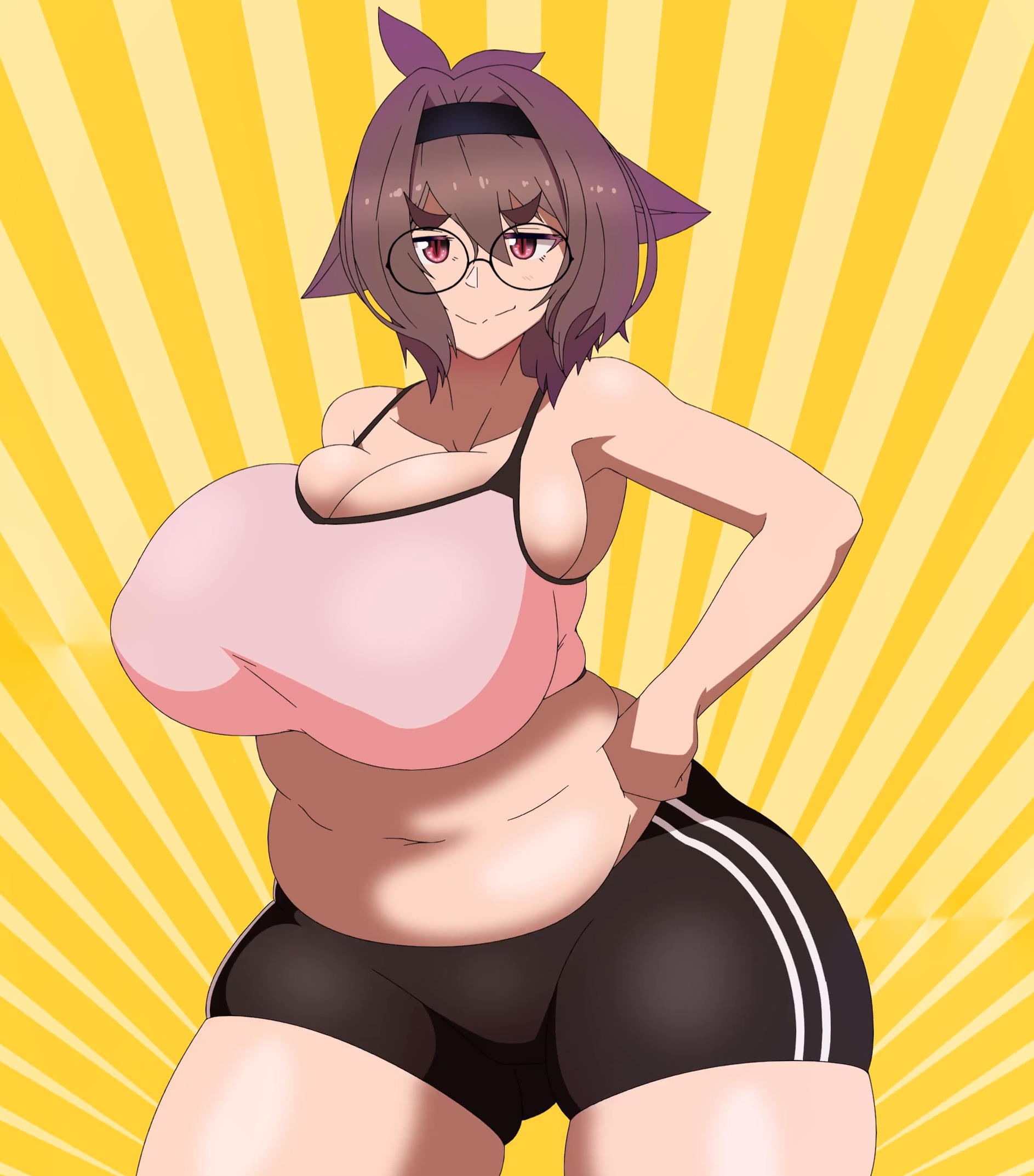 1girls, 2020s, 2021, 20s, breasts, brown hair, female, glasses, godoy (company), hips, huge breasts, large breasts, looking at viewer, medium hair, nipple bulge, pink eyes, plump, screencap, screenshot, shiawase nara niku, shorts, sports bra, sportswear, thick thighs, thighs, tsumetoro, tummy, voluptuous, wide hips