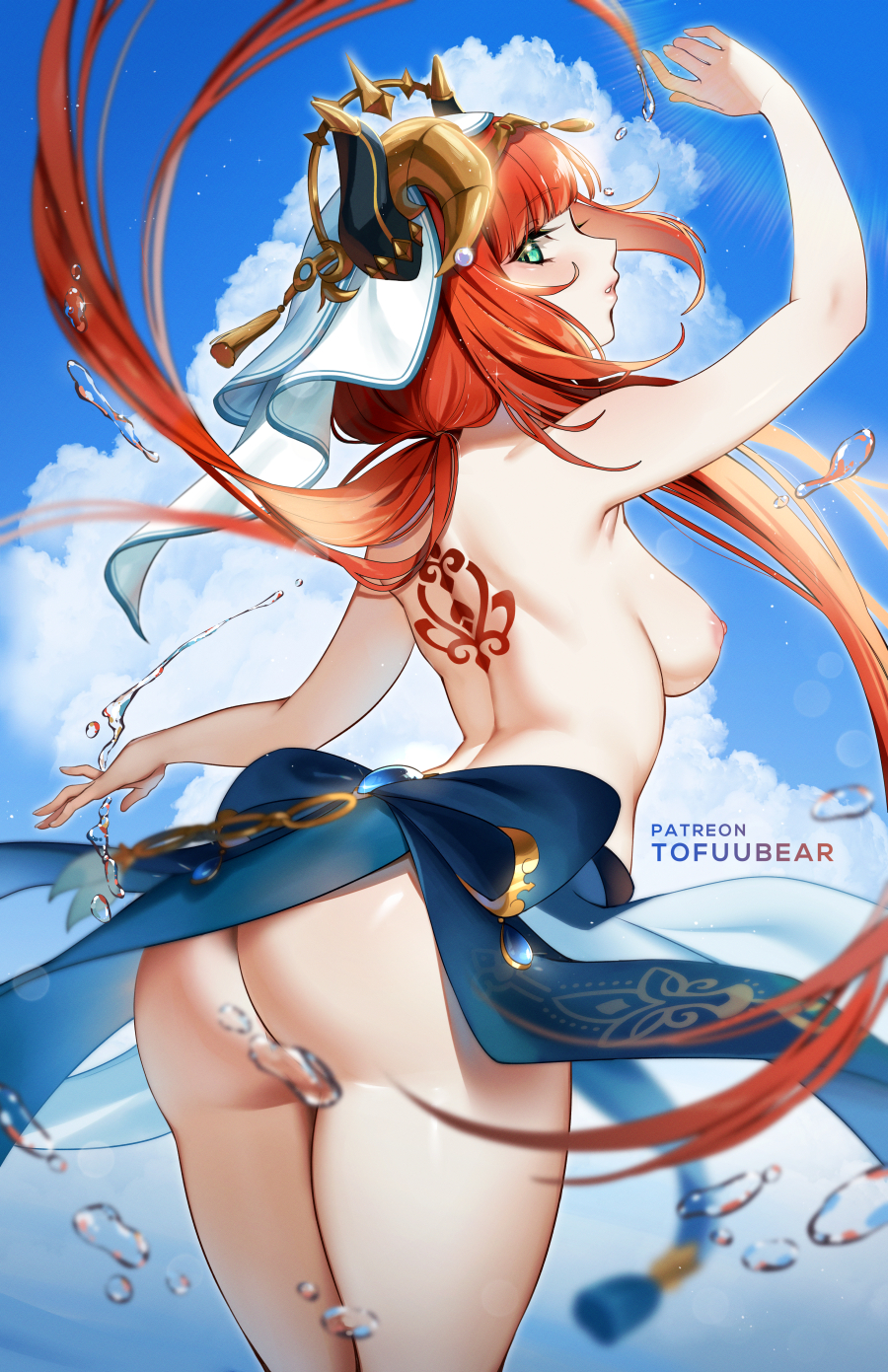 1girls, ass, belly dancer, blue eyes, breasts, dancer, dancing, exhibitionism, female, from behind, functionally nude, genshin impact, nilou (genshin impact), red hair, sideboob, sky, solo, tattoo, tofuubear