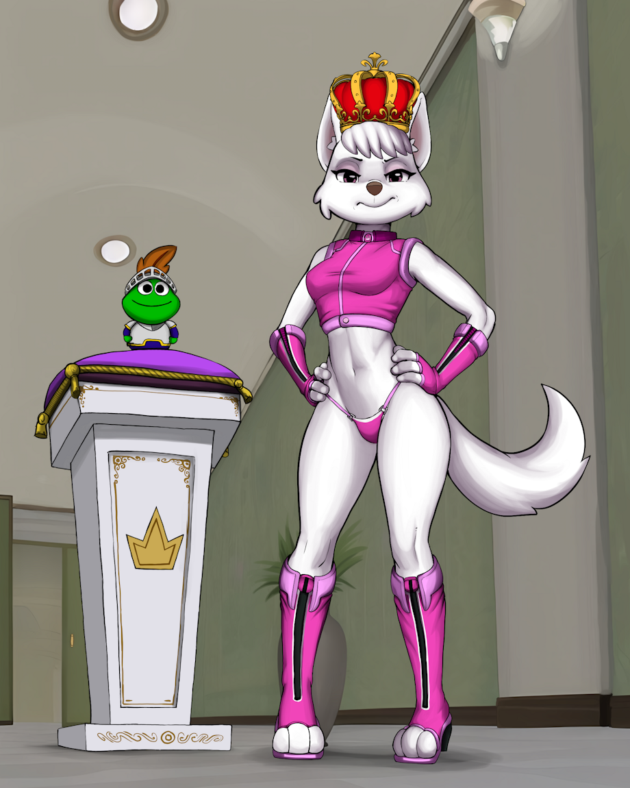 2023 3_fingers 3_toes 4:5 absurd_res aged_up anthro anthro_only anthrofied breasts canid canine canis cleavage clothed clothing collar crown detailed_background diacordst domestic_dog feet female fingers form_fitting fur headgear hi_res hunting_dog looking_at_viewer mammal paw_patrol pink_clothing pink_eyes solo sweetie_(paw_patrol) terrier tiara tight_clothing toes underwear west_highland_white_terrier white_body white_fur