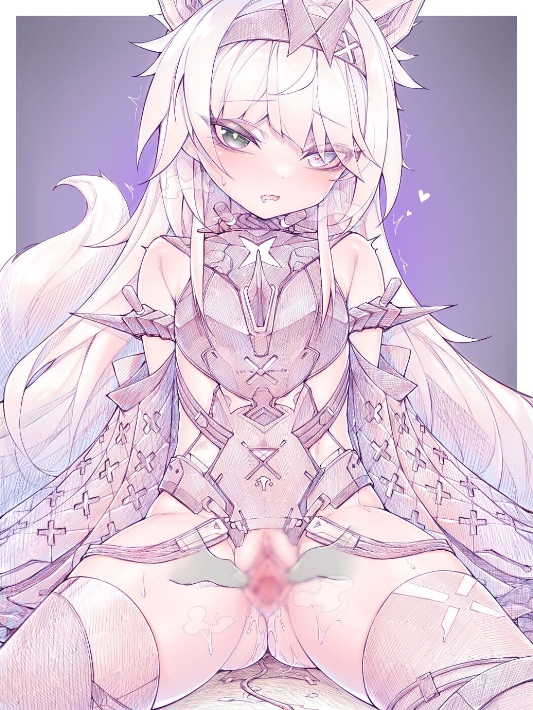1girls, armor, blue eyes, blur censor, blush, breasts, censored, female, green eyes, headgear, heterochromia, kupa (jesterwii), no.21, petite, punishing: gray raven, pussy, pussy juice, robot girl, sitting, small breasts, solo, spread pussy, steam, sweat, vibrator, white hair, wolf ears, wolf girl, wolf tail
