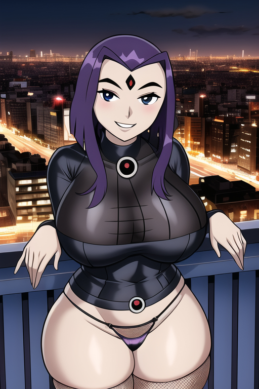 1girls 6_fingers ai_generated bad_anatomy black_shirt cityscape dc dc_comics female female_only fishnet_stockings huge_breasts multi_digit multi_finger night_sky purple_hair rachel_roth raven_(dc) short_hair smiling solo teen_titans thick_thighs