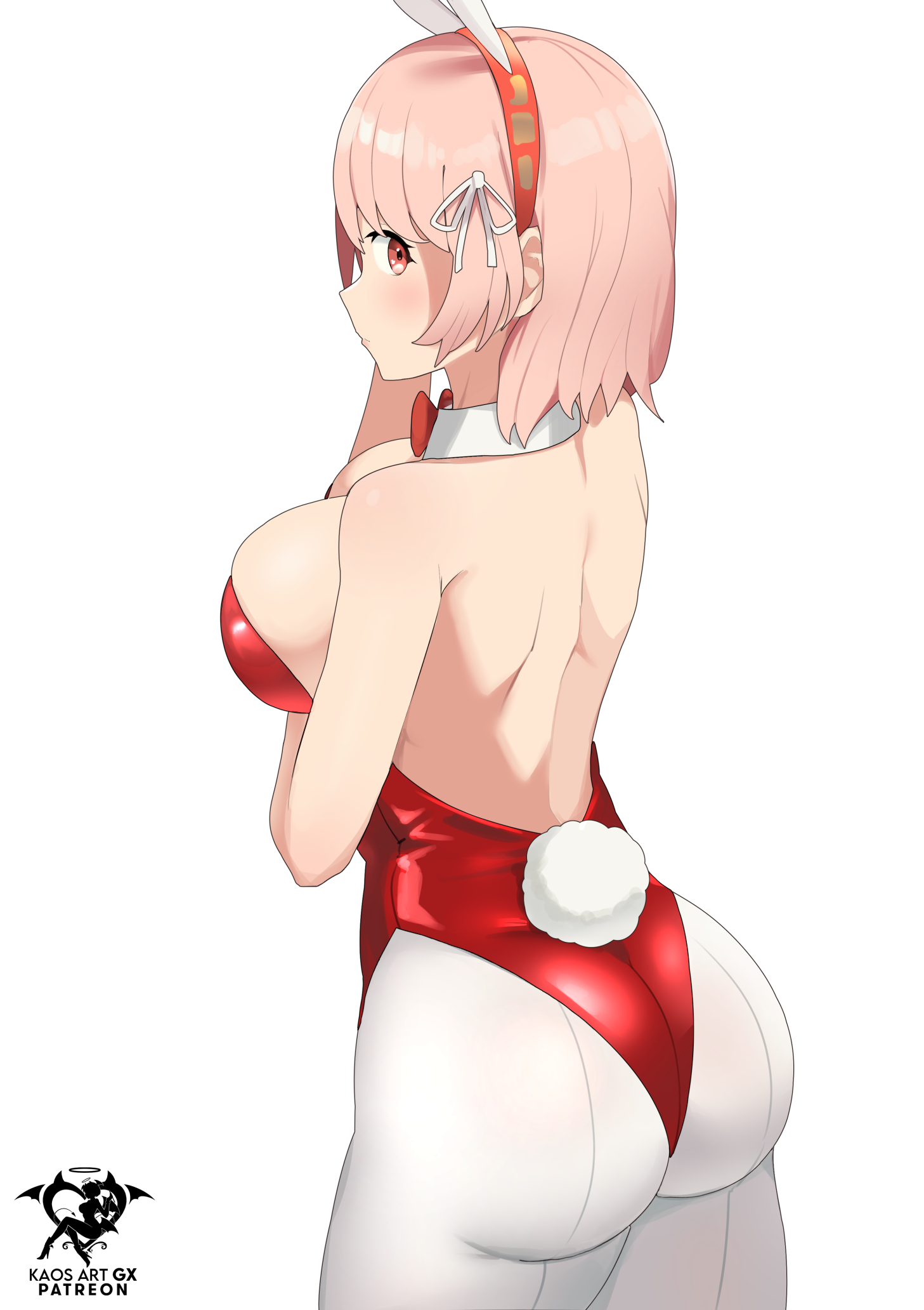 1girls, alternate costume, animal ears, artist name, ass, back, backless outfit, bare back, big ass, bow, bowtie, breasts, bunny ears, bunny girl, bunnysuit, cowboy shot, detached collar, fake animal ears, female, female only, fire emblem, fire emblem engage, hair ribbon, highres, kaos art, lapis (fire emblem), large breasts, leotard, looking back, nintendo, pantyhose, patreon username, pink eyes, pink hair, playboy bunny, rabbit girl, red bow, red bowtie, red leotard, revealing clothes, ribbon, short hair, sideboob, simple background, skin tight, solo, white background, white pantyhose, white ribbon