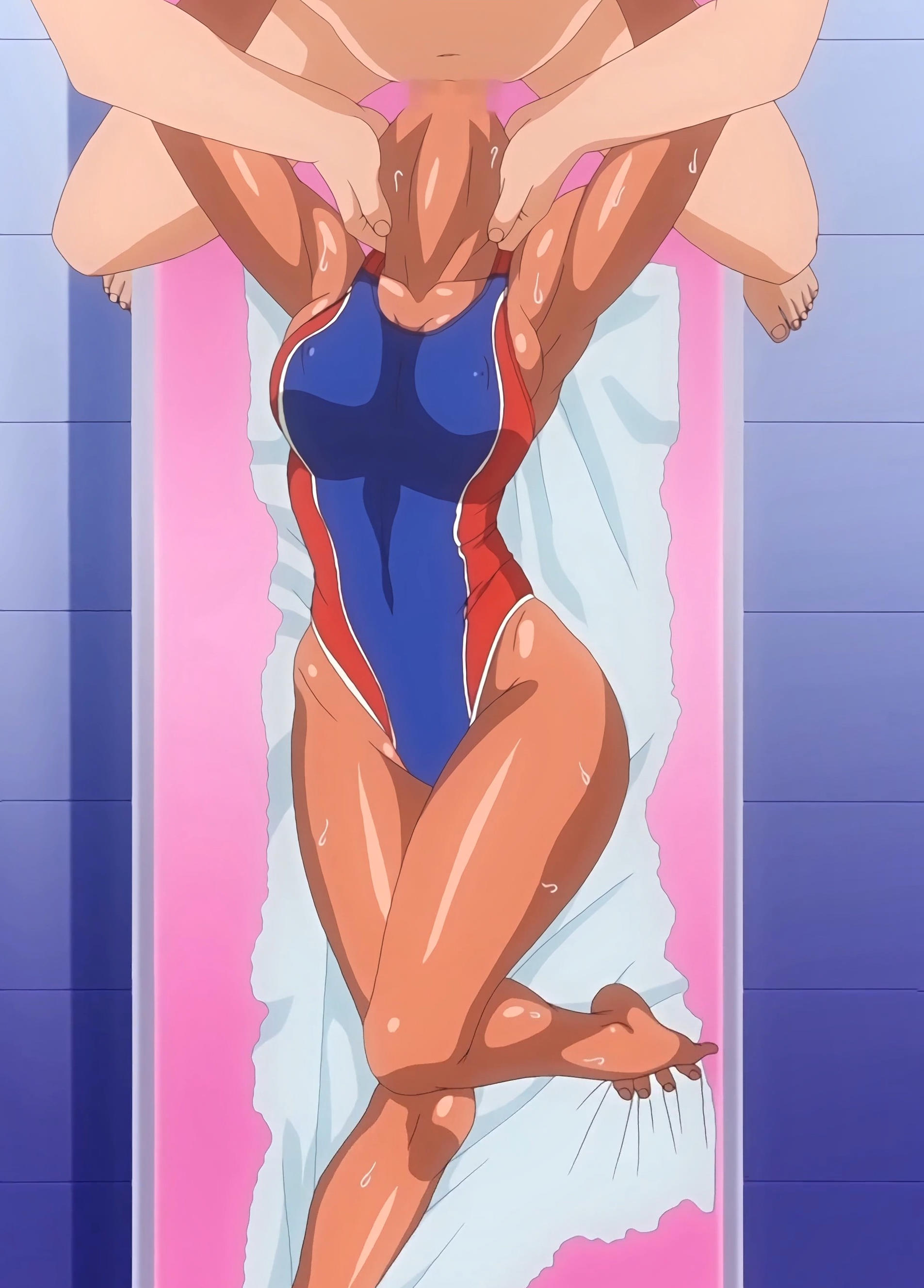 1boy, 1girls, breasts, censored, clothing, dark skin, erection, face fucking, female, hips, light skin, light-skinned male, male, nipple bulge, nipples, oral, oral sex, penis, screencap, shidoukan day after the animation, straight, swimsuit, thighs, throat swabbing