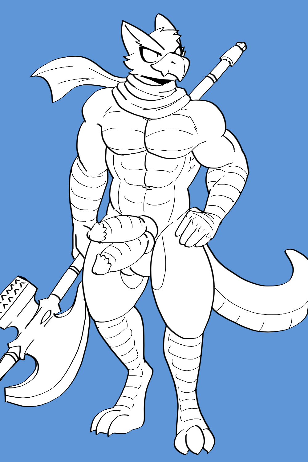 2_penises 60percentscalie anthro balls beak capcom digitigrade diphallia diphallism erection flying_wyvern genitals halberd hi_res holding_polearm holding_weapon male male_only melee_weapon monochrome monster_hunter mostly_nude multi_genitalia multi_penis muscular muscular_male nargacuga nude penis polearm poleaxe scarf scarf_only simple_background solo standing vertical_diphallism weapon