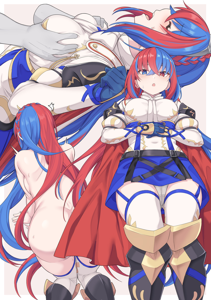 1boy 1girls alear_(female)_(fire_emblem) alear_(fire_emblem) all_fours armor armored_dress ass backboob bare_thighs blue_and_red_hair blue_eyes blue_garter_straps blue_gloves blue_hair blue_skirt boots braid breast_grab breasts convenient_censoring crossed_bangs crown_braid double_breast_grab female female_focus fire_emblem fire_emblem_engage gloves grabbing grabbing_another's_breast groping hair_between_eyes heterochromia highres knee_boots long_hair lying medium_breasts multicolored_hair multiple_views nintendo nude on_back open_mouth panties red_eyes red_hair shiseki_hirame skirt solo_focus split-color_hair sweat thighhighs thighs trembling two-tone_hair underwear upskirt white_panties white_thighhighs