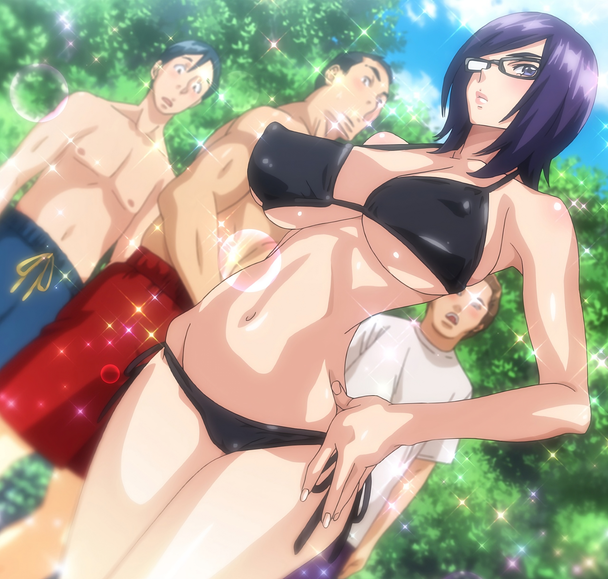 1girls, 3boys, bikini, breasts, female, glasses, hand on hip, hips, huge breasts, large breasts, male, medium hair, megane no megami, midriff, nipple bulge, purple eyes, purple hair, screencap, swimsuit, thick thighs, thighs, tummy