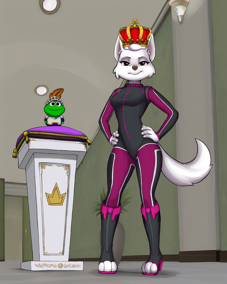 2023 3_fingers 3_toes 4:5 absurd_res aged_up anthro anthro_only anthrofied breasts canid canine canis cleavage clothed clothing collar crown detailed_background diacordst domestic_dog feet female fingers form_fitting fully_clothed fur headgear hi_res hunting_dog looking_at_viewer mammal paw_patrol pink_eyes solo spy_suit sweetie_(paw_patrol) terrier tight_clothing toes west_highland_white_terrier white_body white_fur