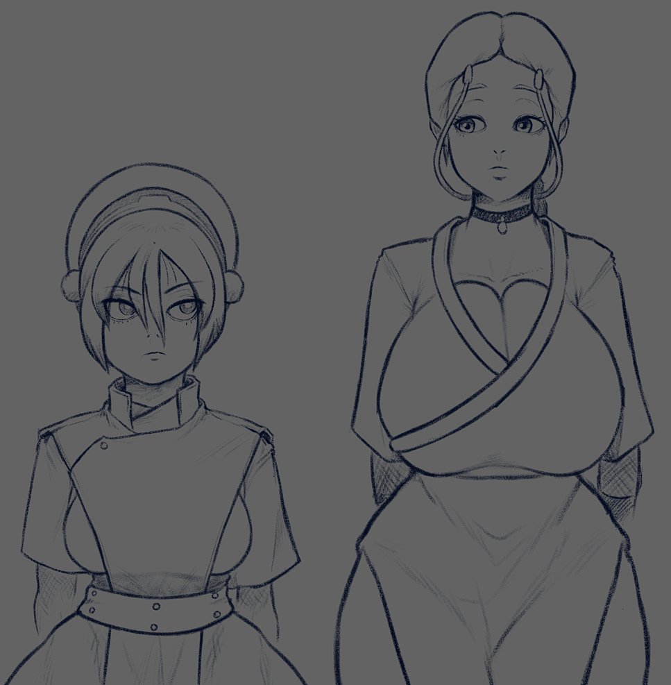 2girls, alternate breast size, aphrodos, arms behind back, avatar the last airbender, big breasts, black and white, braid, breast size difference, breasts, busty, cleavage, clothed, clothed female, clothes, clothing, curvaceous, curvy, curvy body, curvy female, curvy figure, duo, eyelashes, female, female only, front view, fully clothed, greyscale, hair, height difference, huge breasts, human, human only, katara, large breasts, long hair, looking at each other, monochrome, necklace, nickelodeon, short hair, standing, thick thighs, thighs, toph bei fong, voluptuous, wide hips