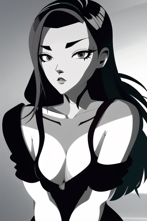 1girls 2d ai_generated breast_squeeze clothed female forehead long_hair looking_at_viewer monochrome paige_(tron) solo stable_diffusion stealthclobber thick_eyebrows tron tron_uprising v_arms