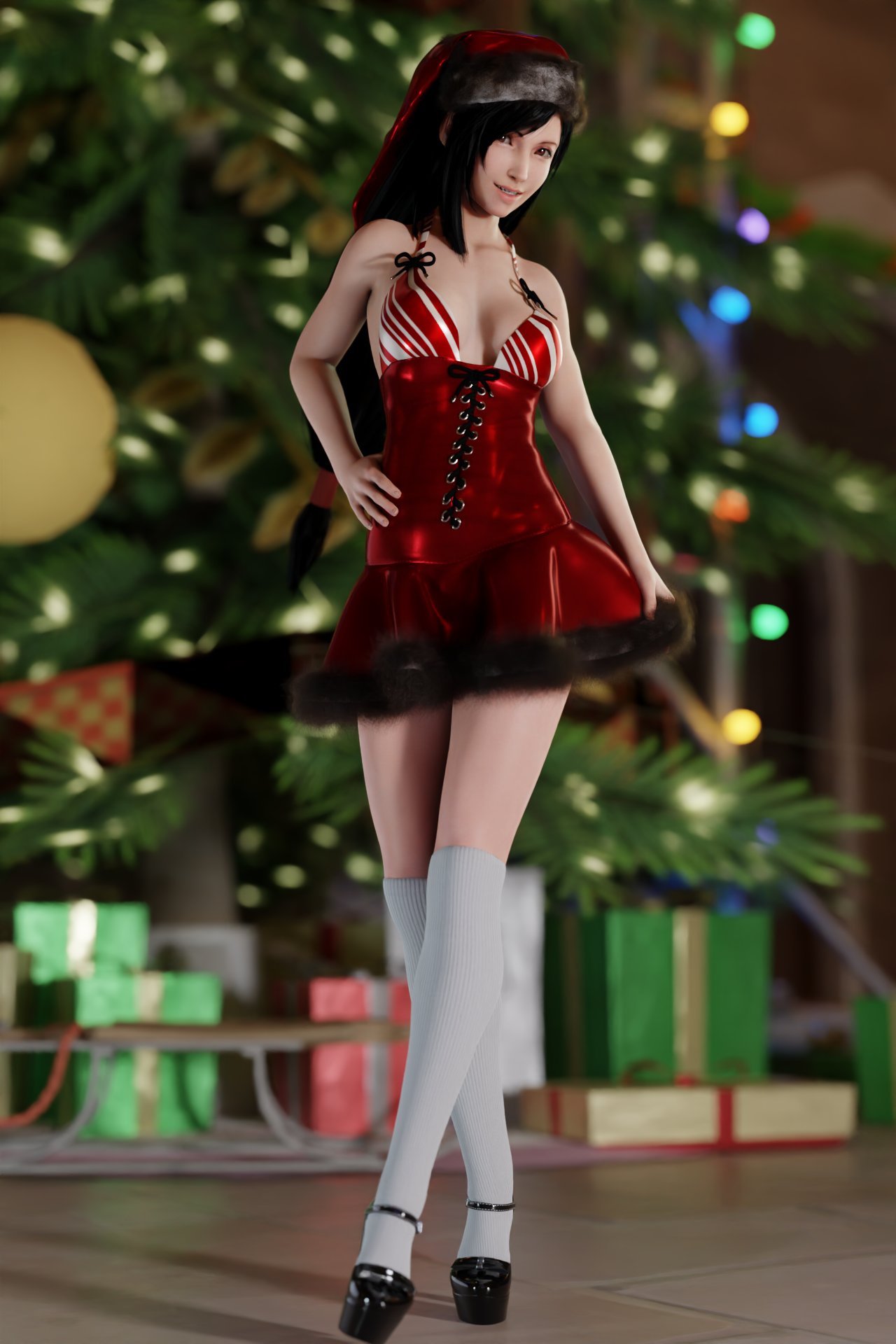 1girls 3d artsbyronin black_hair blender breasts christmas christmas_clothing christmas_hat christmas_outfit christmas_present christmas_tree cleavage clothed clothing dress female female_focus female_only final_fantasy final_fantasy_vii final_fantasy_vii_remake hat headwear legwear light-skinned_female light_skin long_hair long_socks looking_at_viewer medium_breasts pose posing shoes skirt solo solo_focus square_enix standing stockings tifa_lockhart