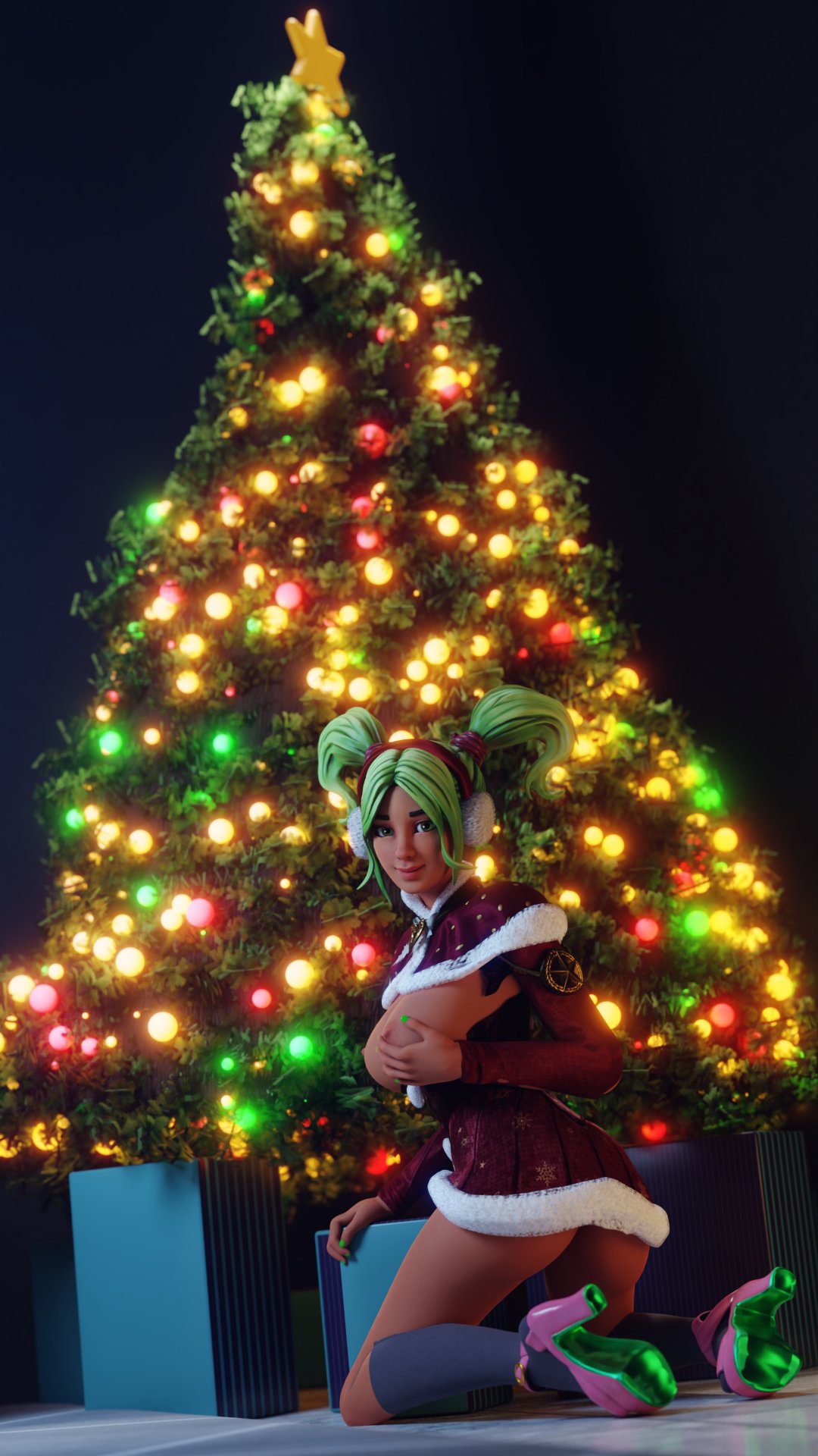 1girls 3d areolae artsbyronin ass blender breasts breasts_out christmas christmas_clothing christmas_headwear christmas_outfit christmas_present christmas_tree clothed clothing detailed_background dress epic_games female female_focus female_only fortnite green_hair headwear light-skinned_female light_skin looking_at_viewer looking_back medium_breasts nipples no_panties no_panties_under_dress no_underwear on_floor on_knees ponytail ponytails solo solo_focus winterfest zoey_(fortnite)