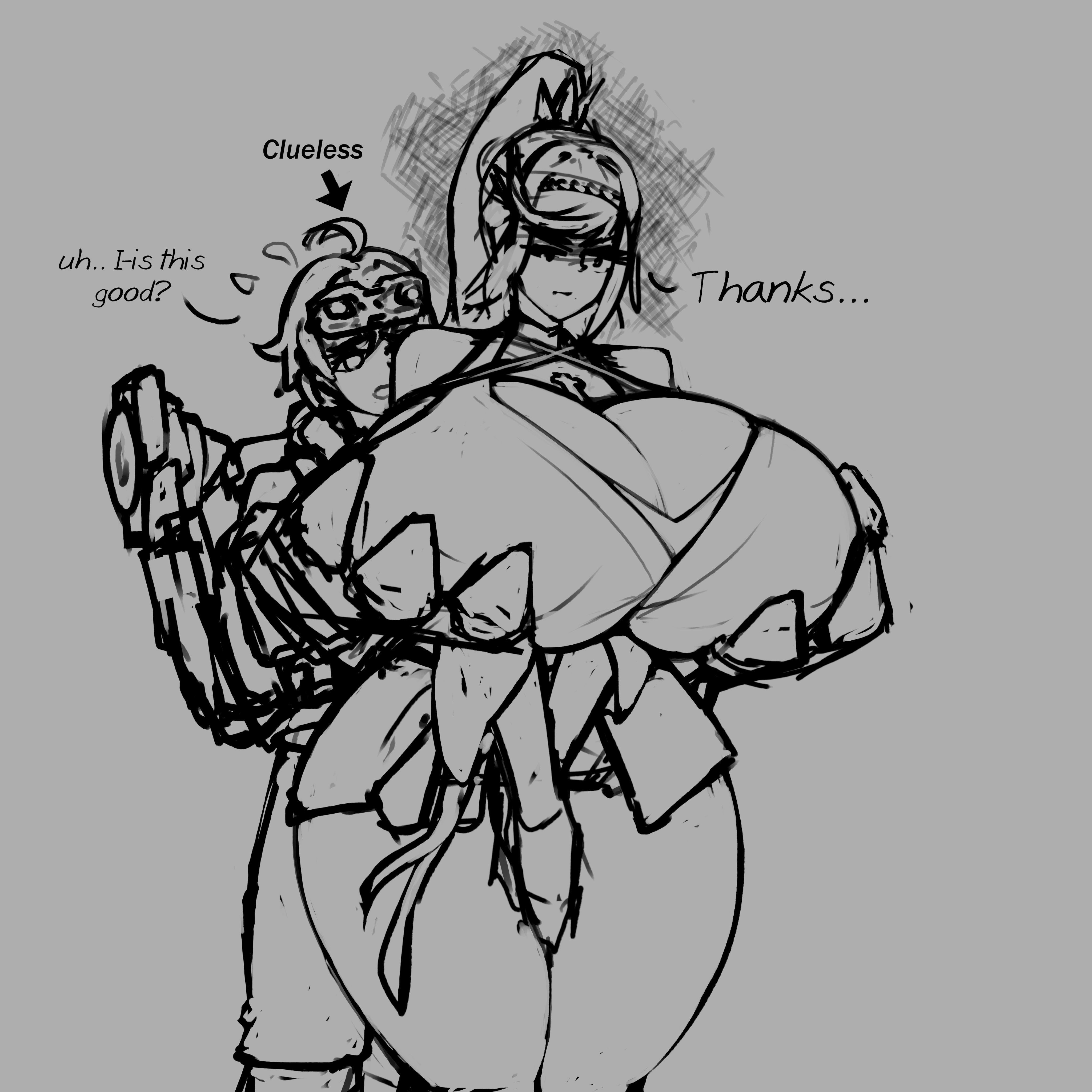 annoyed, breasts, clueless, exo suit, female, gigantic breasts, glimmer (xenoblade), goggles, groping from behind, huge breasts, humor, lapotato8, larger female, male, mechanical arm, monochrome, nikol (xenoblade), oblivious, size difference, sketch, smaller male, text, thick thighs, xenoblade (series), xenoblade chronicles 3, xenoblade chronicles 3: future redeemed