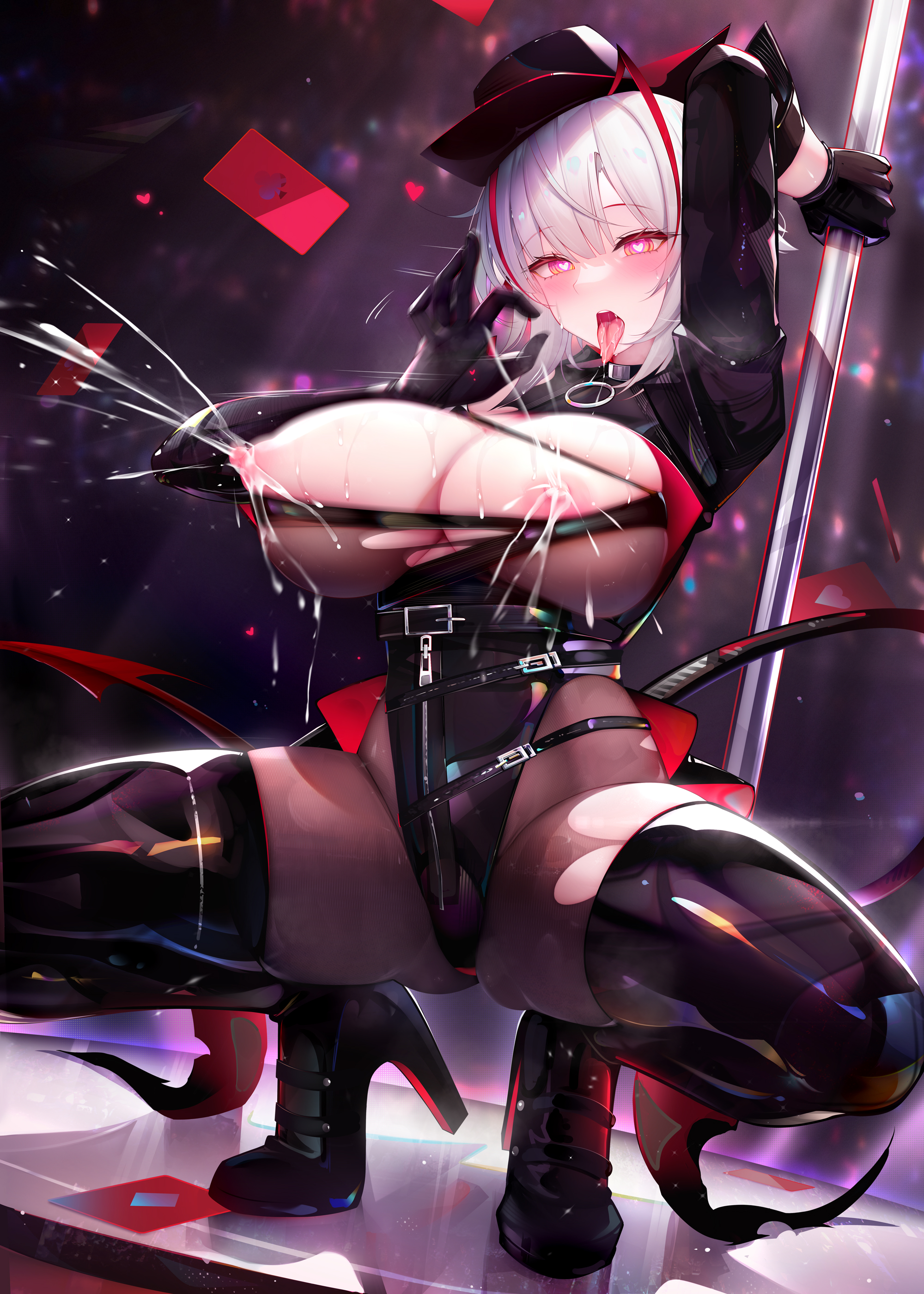 absurdres, arknights, big breasts, binggong asylum, black footwear, black gloves, black headwear, black pantyhose, black thighhighs, breasts, breasts out, demon horns, demon tail, elbow gloves, female, gloves, grey hair, handjob gesture, hat, heart, heart-shaped pupils, high heels, highres, horns, huge breasts, lactation, large breasts, looking at viewer, nipples, no bra, open mouth, pantyhose, projectile lactation, red eyes, shirt, short hair, solo, spread legs, squatting, symbol-shaped pupils, tail, thighhighs, thighhighs over pantyhose, torn clothes, torn pantyhose, torn shirt, w (arknights)
