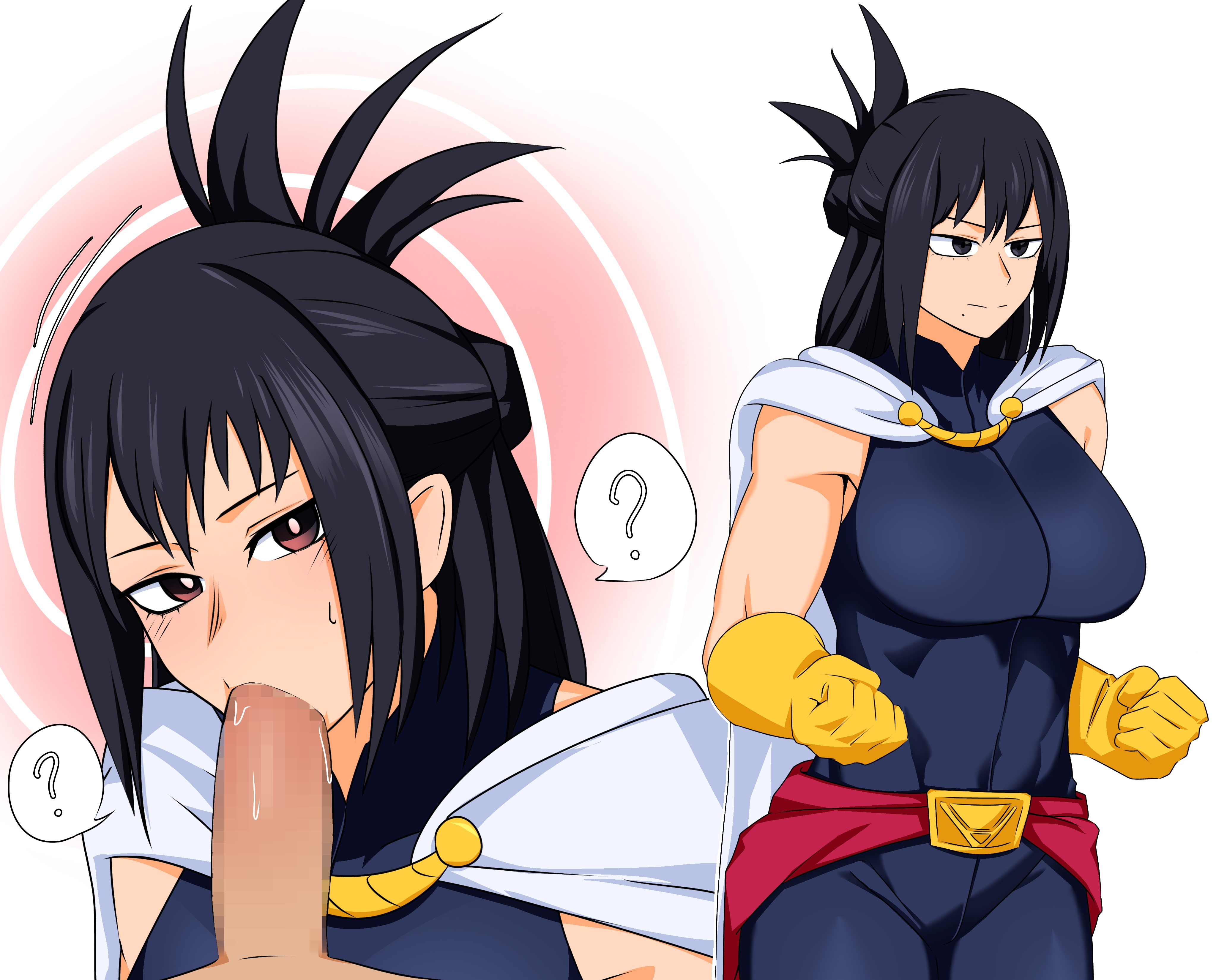 1boy, 1girls, asian, asian female, beauty mark, big breasts, black hair, blowjob, breasts, brown eyes, censored, cock in mouth, confused, fellatio, female, fully clothed, hi res, highres, hypnosis, light skin, light-skinned female, long hair, looking at viewer, male, mature, mature female, milf, mind control, mole, mole under mouth, mosaic censoring, mother, my hero academia, nana shimura, oral, oral penetration, oral sex, penis, rape, ryuugu, sucking, sucking penis, superheroine