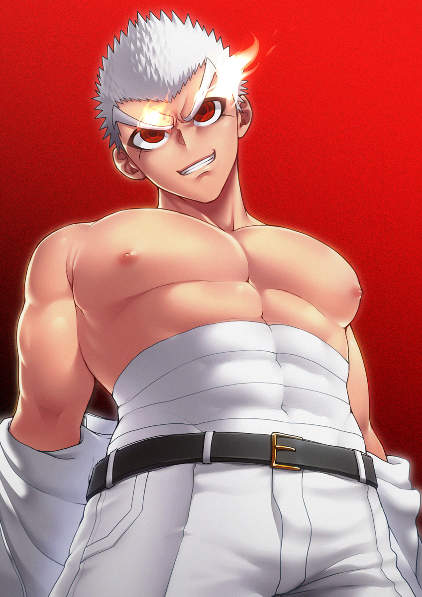 1boy abs bandages bara belt covered_navel danganronpa danganronpa:_trigger_happy_havoc danganronpa_1 highres ishimaru_kiyotaka jacket kiyondo_ishida kiyotaka_ishimaru large_pectorals male_focus male_only midriff_sarashi moobs muscular muscular_male mxsxe navel nipples open_clothes open_jacket pants pectorals red_eyes sarashi short_hair smile solo spoilers teeth white_hair white_jacket white_pants