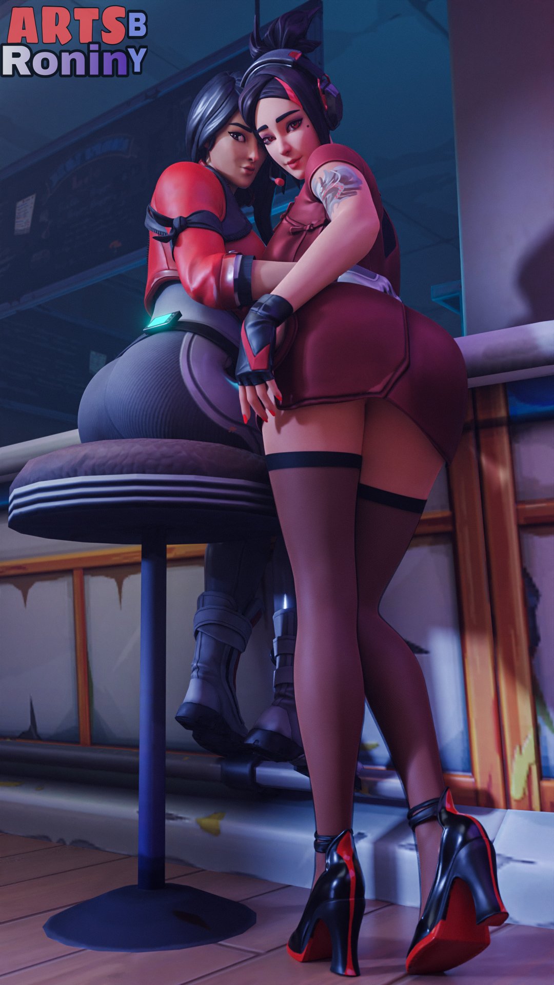 2girls 3d artsbyronin ass bar bar_stool black_hair blender bottomwear clothed clothing counter demi_(fortnite) detailed_background dress duo epic_games female female_focus female_only fishnet fishnet_legwear fishnet_stockings fishnets fortnite headset headwear high_heels jacket legwear light-skinned_female light_skin pose posing presenting presenting_ass red_eyes remedy_(fortnite) shoes sitting standing stool tattoo tattooed_arm topwear watermark